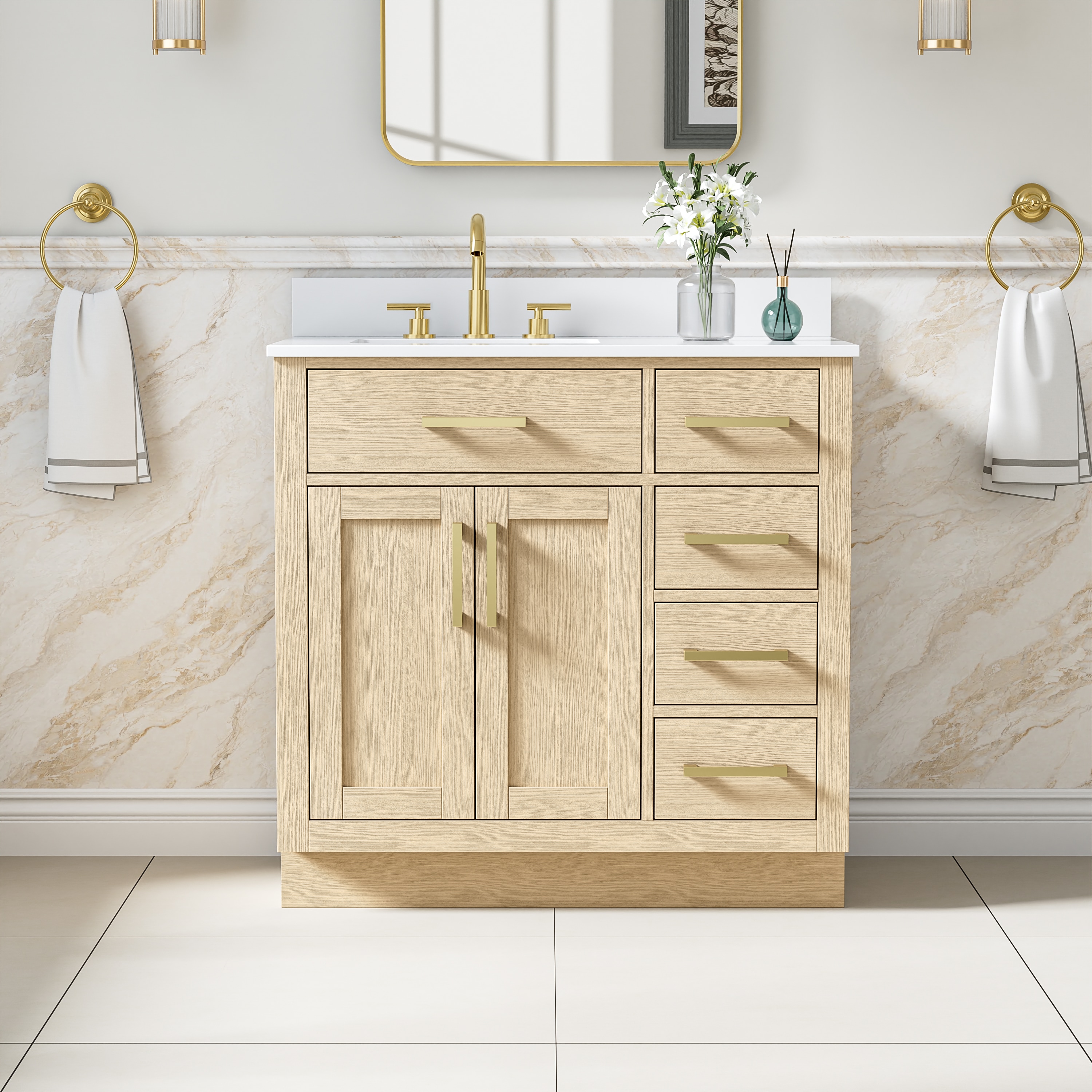 ANGELES HOME  Solid Wood 36-in Oak Undermount Single Sink Bathroom Vanity With White Cultured Marble Top And Brushed Gold Handles(Fully Assembled)