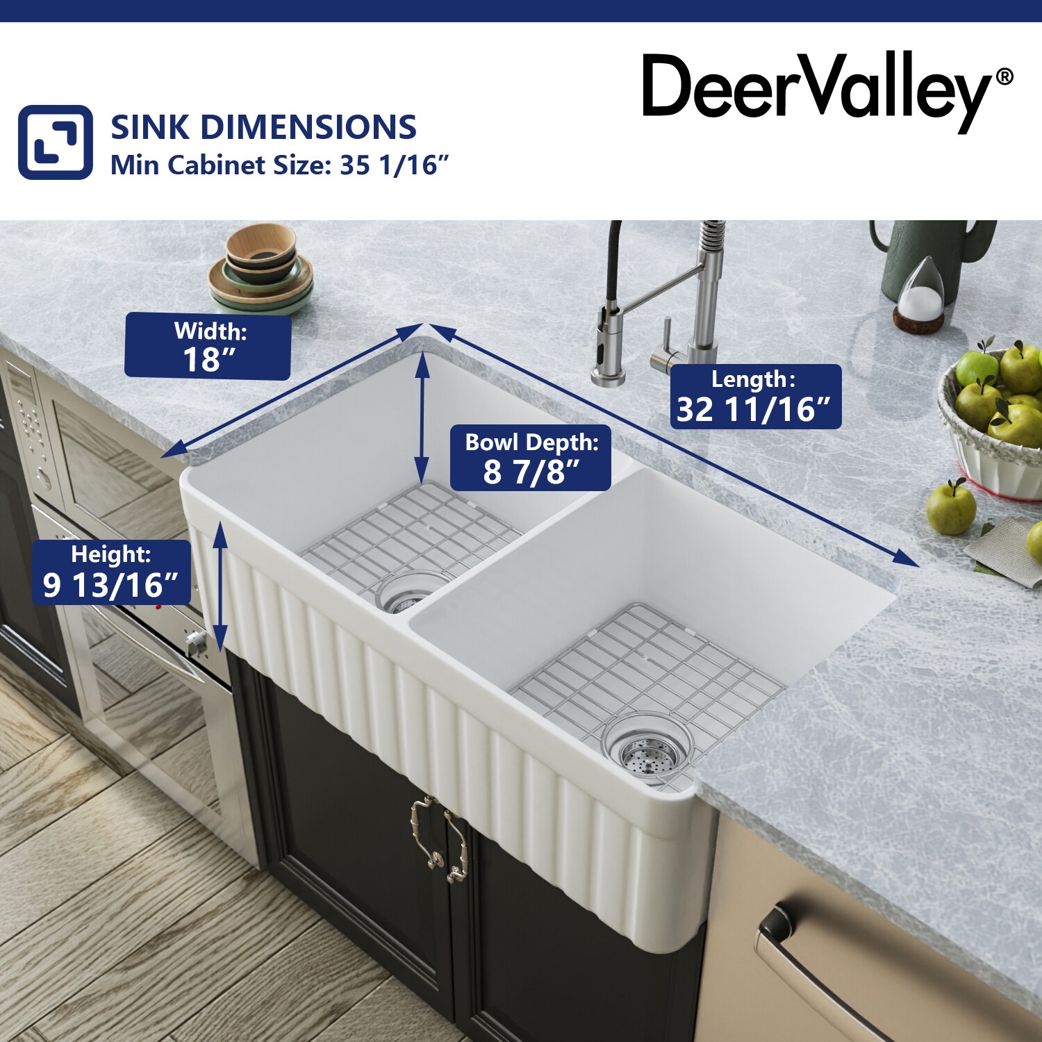 DeerValley 33 in. Farmhouse/Apron-Front Double Bowl White Fireclay Workstation Kitchen Sink with Grid and Basket Strainer