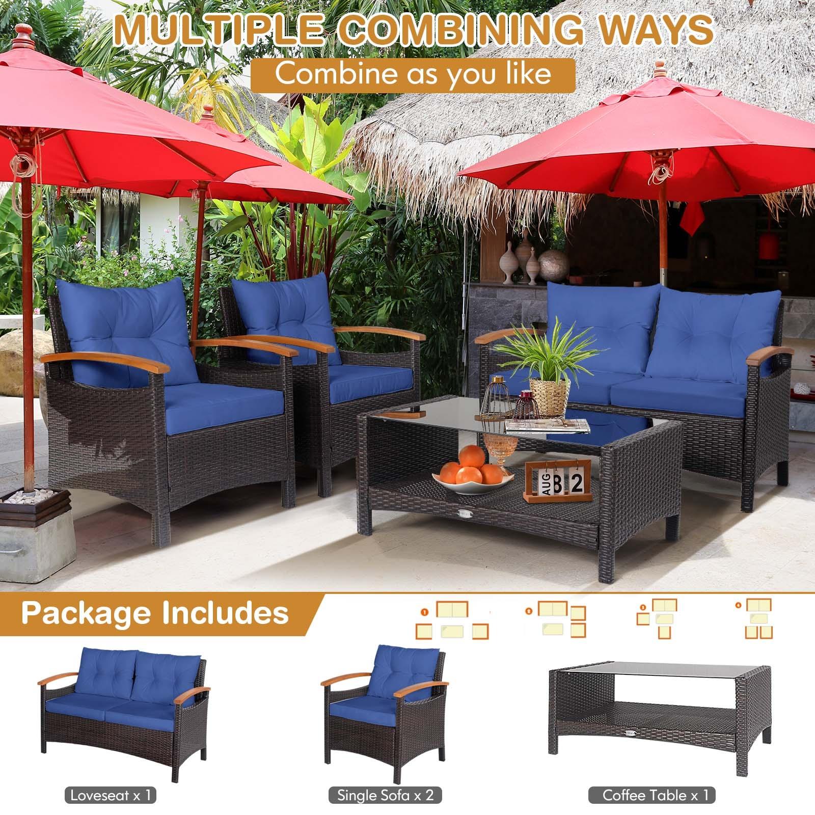 BABOOM 4-Piece Rattan Patio Conversation Set With Blue Cushions In The ...