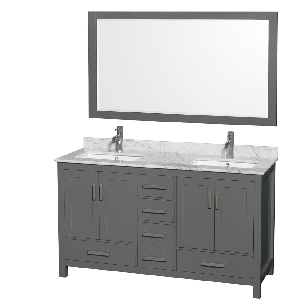 Wyndham Collection WCS141460DKGCMUNSM58 Sheffield 60-in Dark Gray with Brushed Chrome Trim Undermount Double sink Bathroom Vanity with White Carrara Marble Natural marble Top (Mirror Included)
