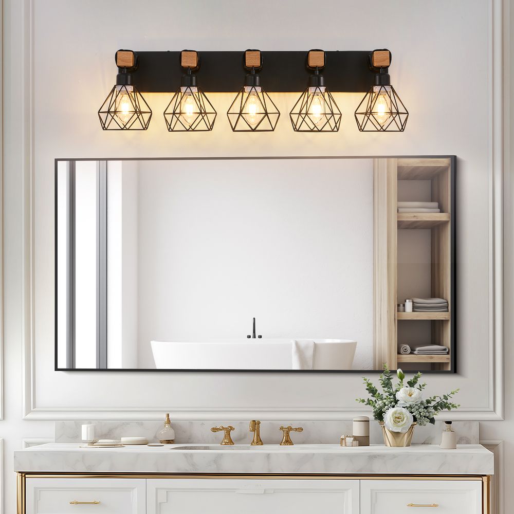 Blisstyle - 31 Inch Modern Geometric 5 Light Vanity Light Fixture with Black Metal Wooden Accents...