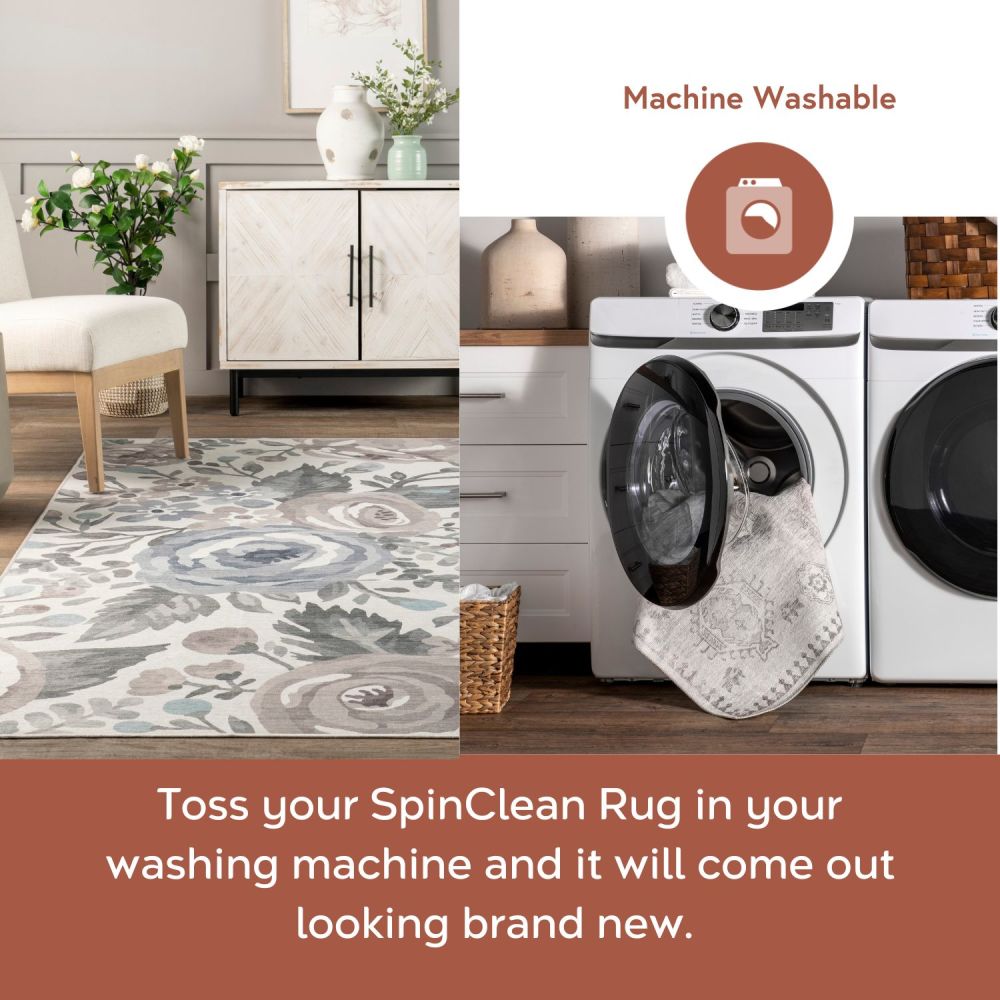 Gray Floral Washable Stain-Resistant Synthetic Area Rug 4' x 6'