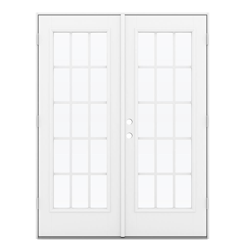 JELD-WEN 60-in x 80-in x 4-9/16-in Jamb Low-e Grilles Between The Glass Primed Fiberglass French Left-Hand Outswing Double Patio Door in White -  LOWOLJW184100165