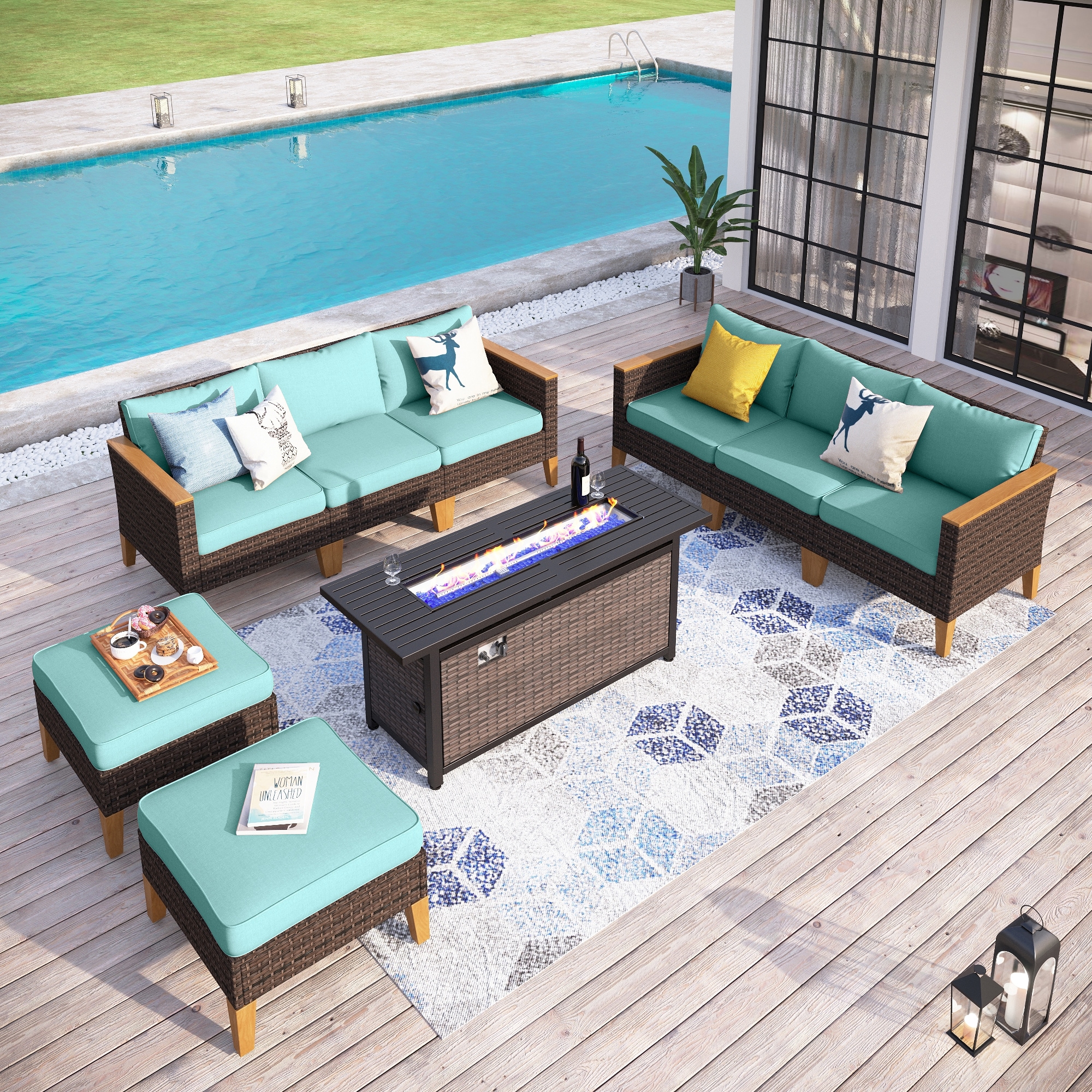 Sunshine Valley CR006-04-8-GS103-BU 9 -Piece Wicker Patio Conversation Set with Blue CUSHION PRO Cushions
