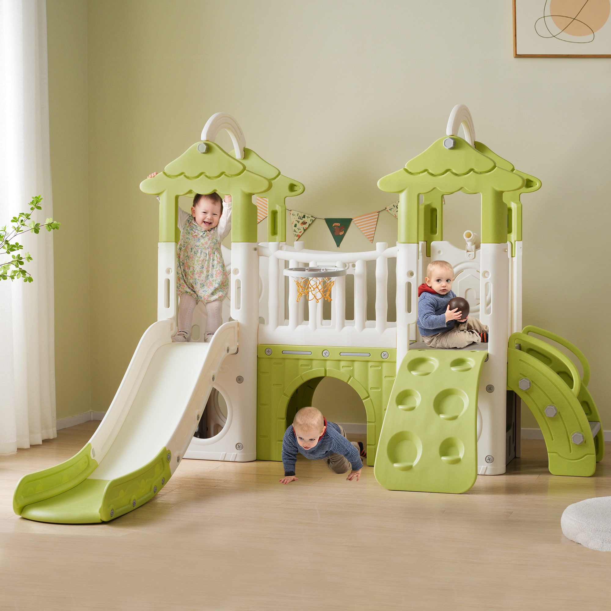 GDFStudio 8-1 Toddler Climber and Slide SetKids Slide for Toddlers Age 1+ Kids Playground Climber Freestanding Slide Playset with Basketball Hoop Play Combination for BabiesIndoorand Outdoor