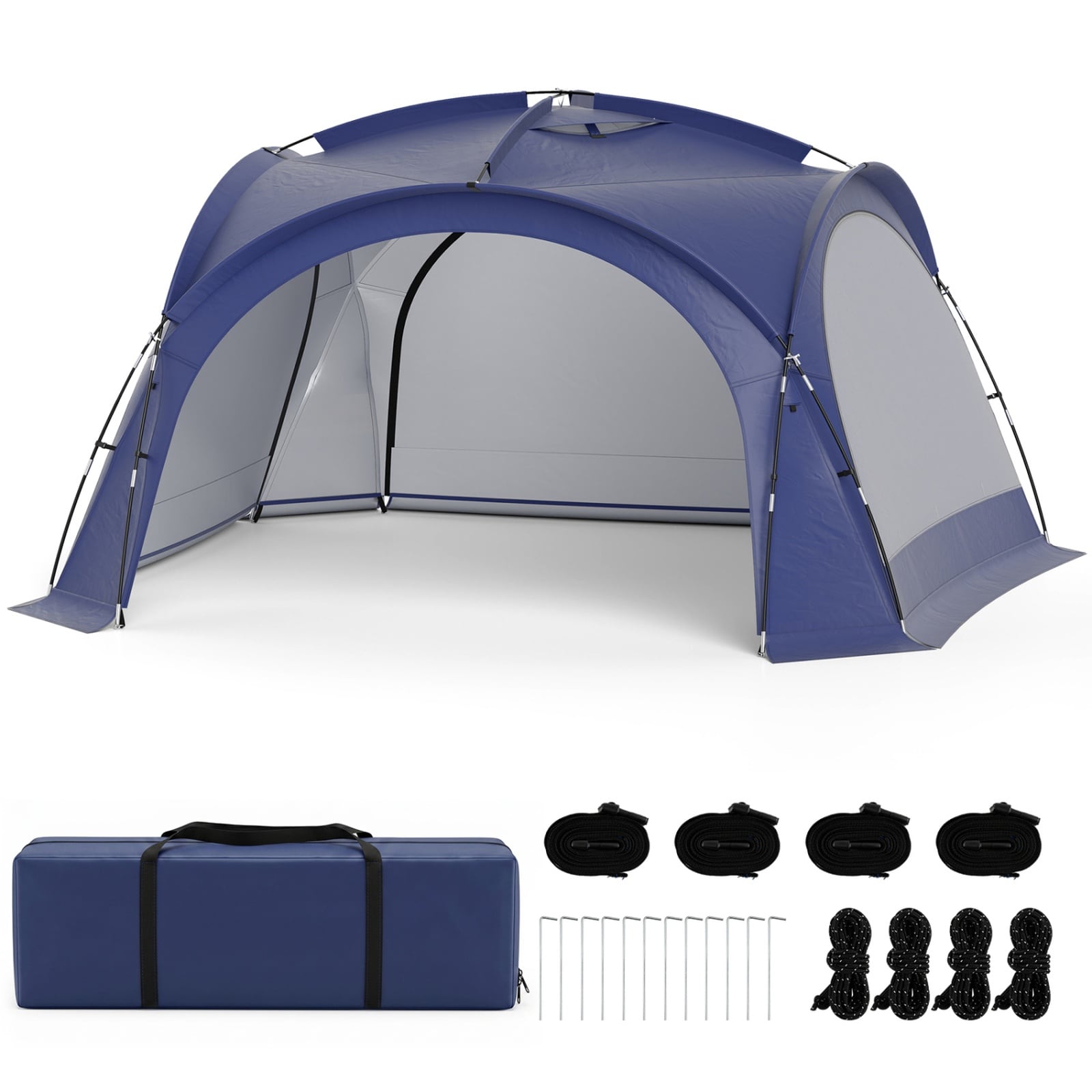 SUGIFT Beach Tent for 12 to 15 People with 4 Removable Zippered Sidewalls in Blue 13.3-ft Square Dome Canopy Standing 7.6-ft Tall With a 9.5-ft Mesh Door 12 Ground Stakes and 4 Ankle Straps for Beaches and Parks plus Campsites and Festivals