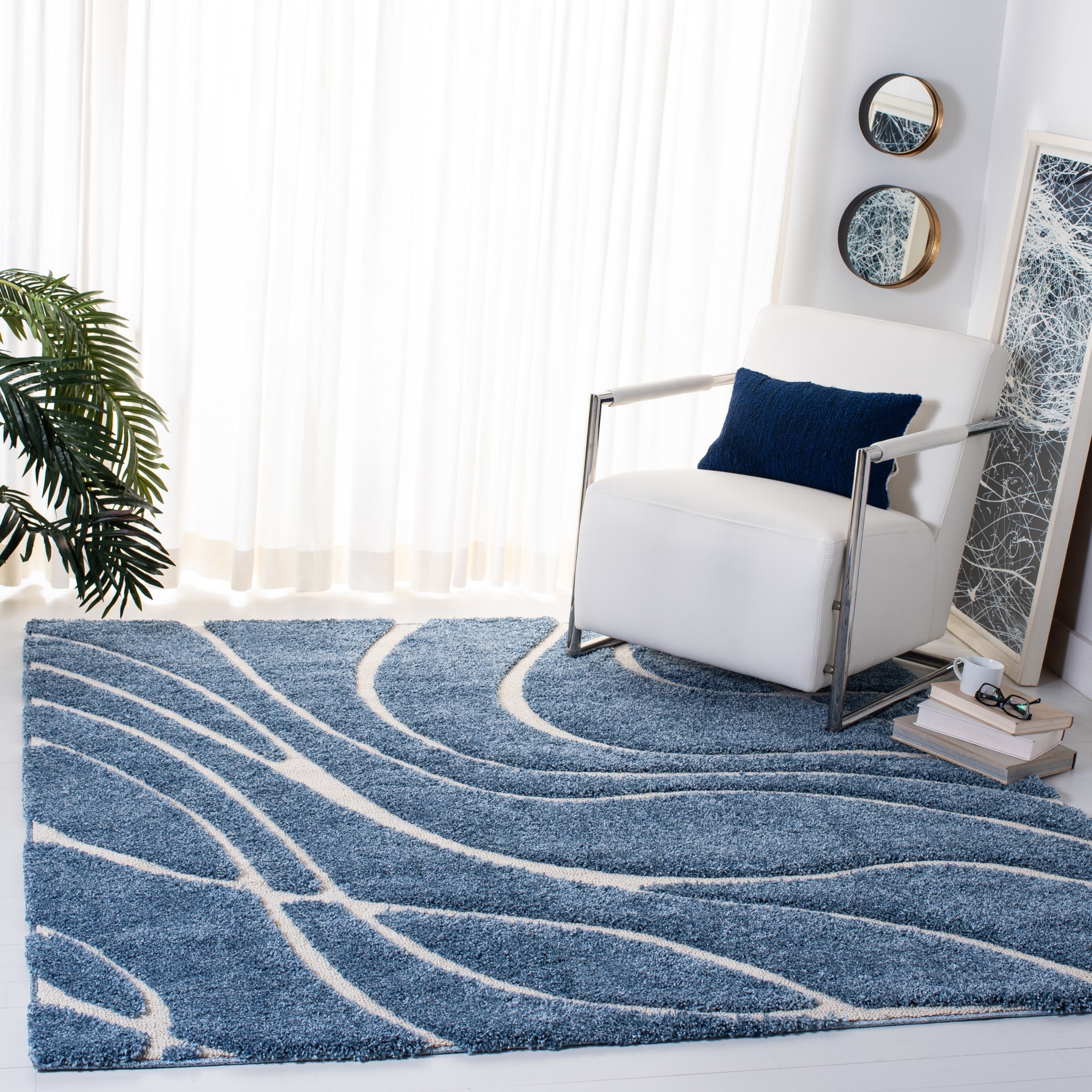 Safavieh SG471-6011-4SQ Florida Rhythm Shag 4 x 4 (ft) Loomed Polypropylene Light Blue/Cream Square Indoor Abstract Global Area rug