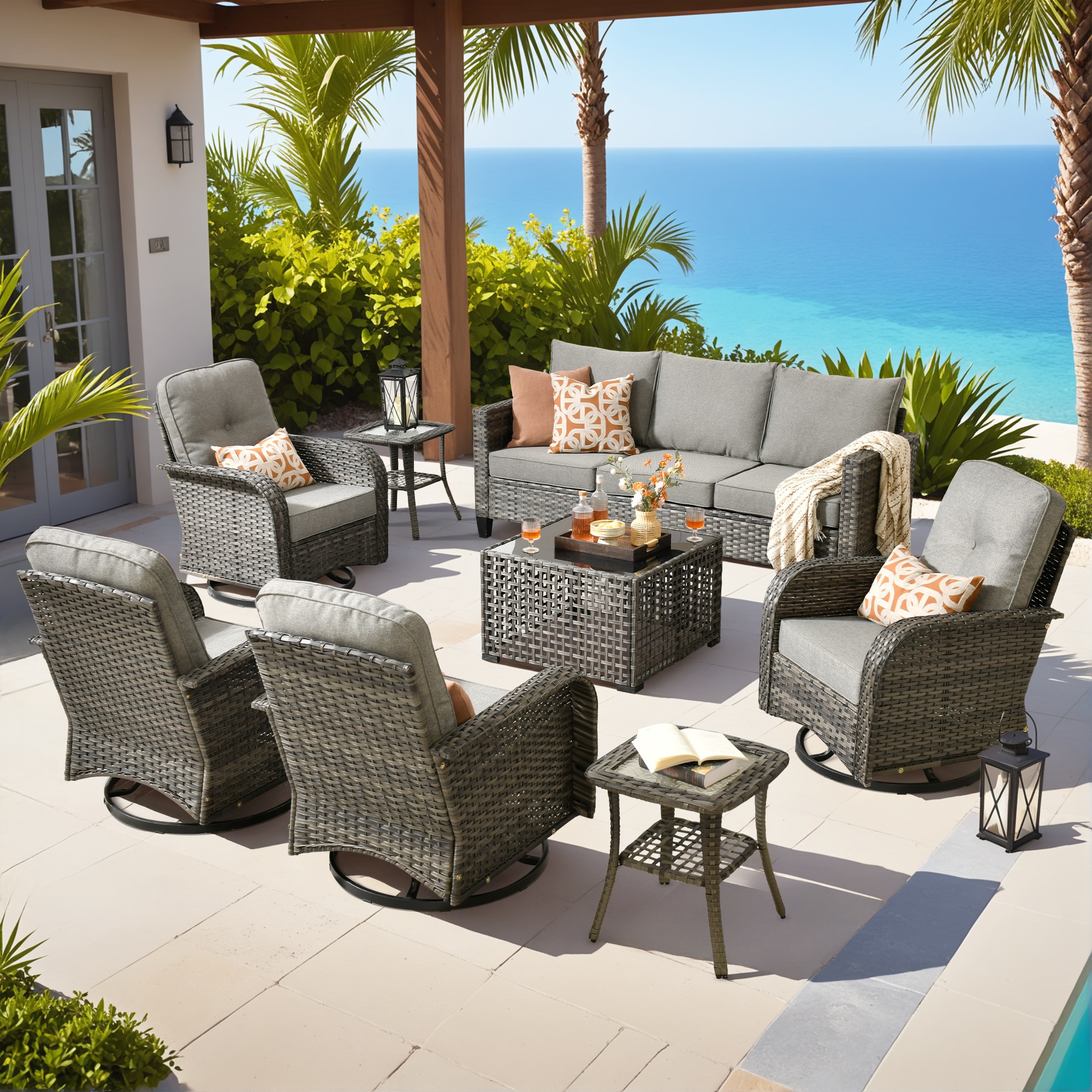 ALTRIGUS 6LYZGNCNEWGRS2081AL 8 -Piece Wicker Patio Sofa Conversation Set with Dark Gray Cushions