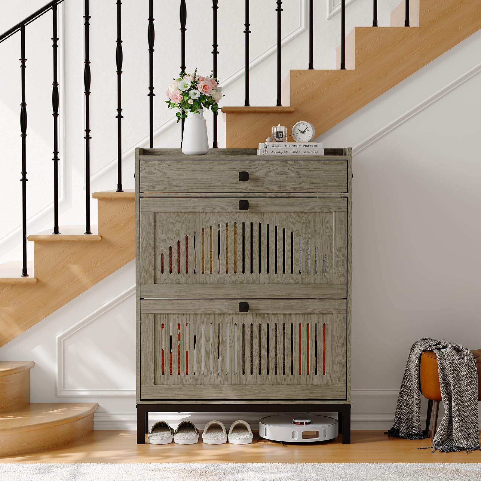 DEXSO Washed Gray 2 Flip Drawer Shoe Cabinet Adj Shelves Top Drawer Freestanding Wooden Entryway Storage Organizer #JANE-L7S4D1
