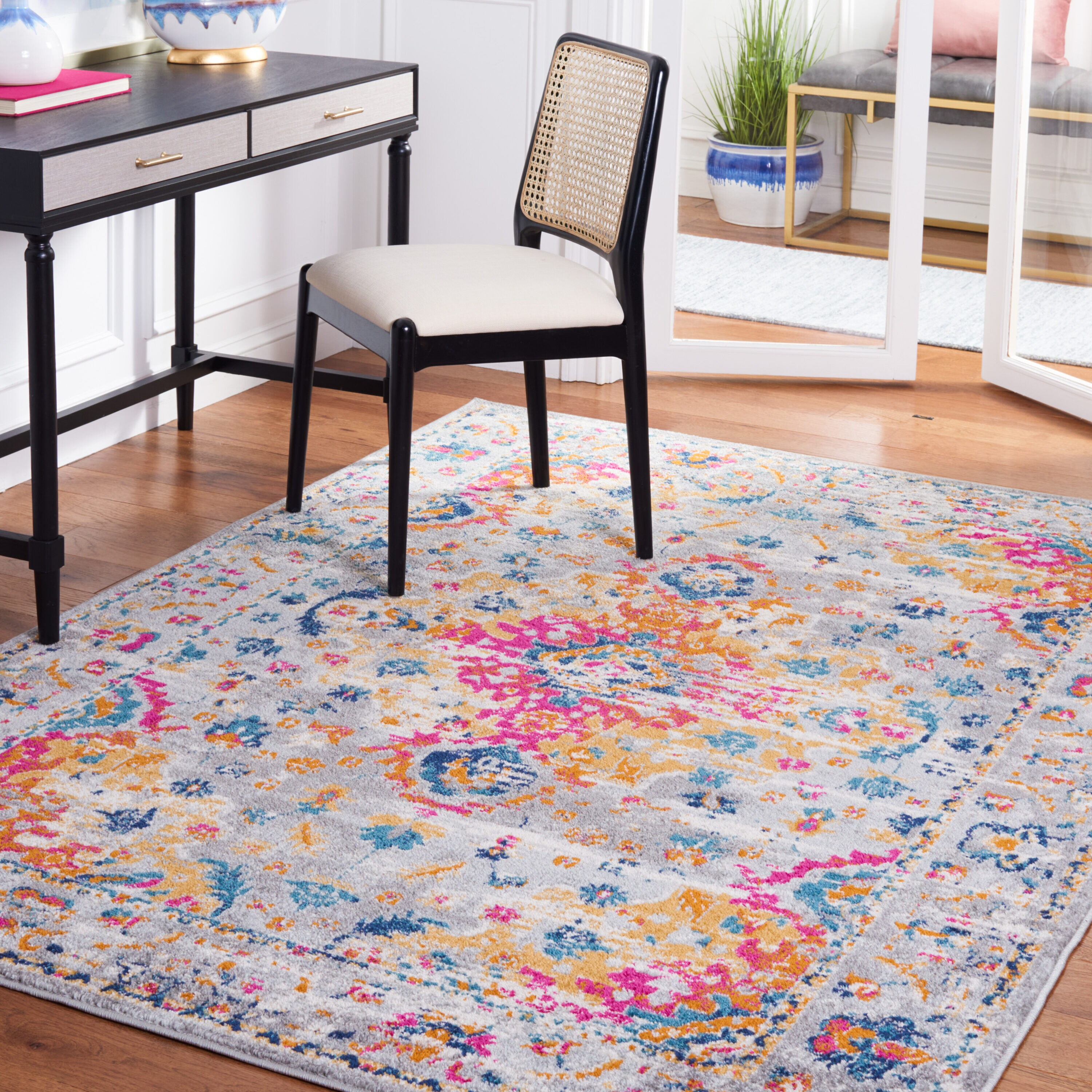 Madison 5 x 8 (ft) Loomed Polypropylene Gray/Fuchsia Rectangular Indoor Mid-Century Modern Professionally Clean Only Area rug