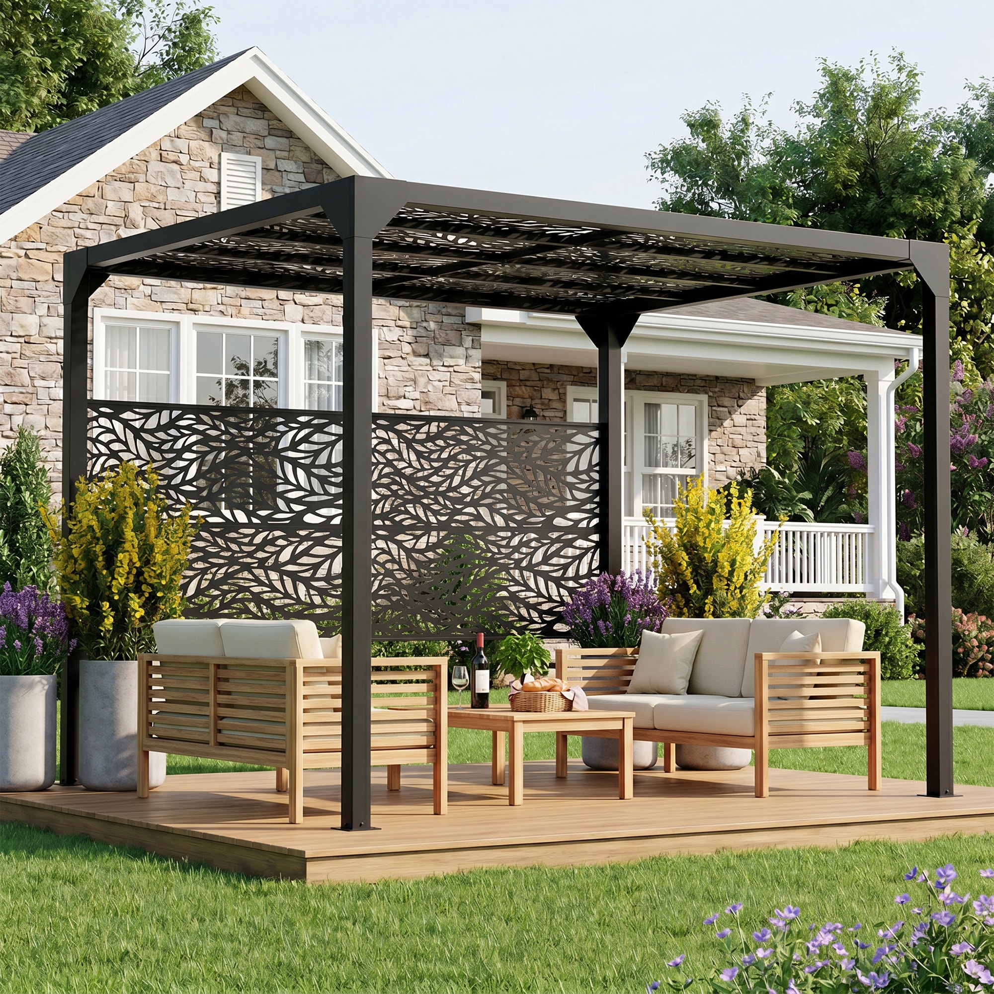 Misty Moon Black Metal Cutout Leaf Pattern Freestanding Pergola 10ft W x8ft D x8ft H Decorative Privacy Screen Outdoor Patio Backyard Deck Weather Resistant Pergolas
