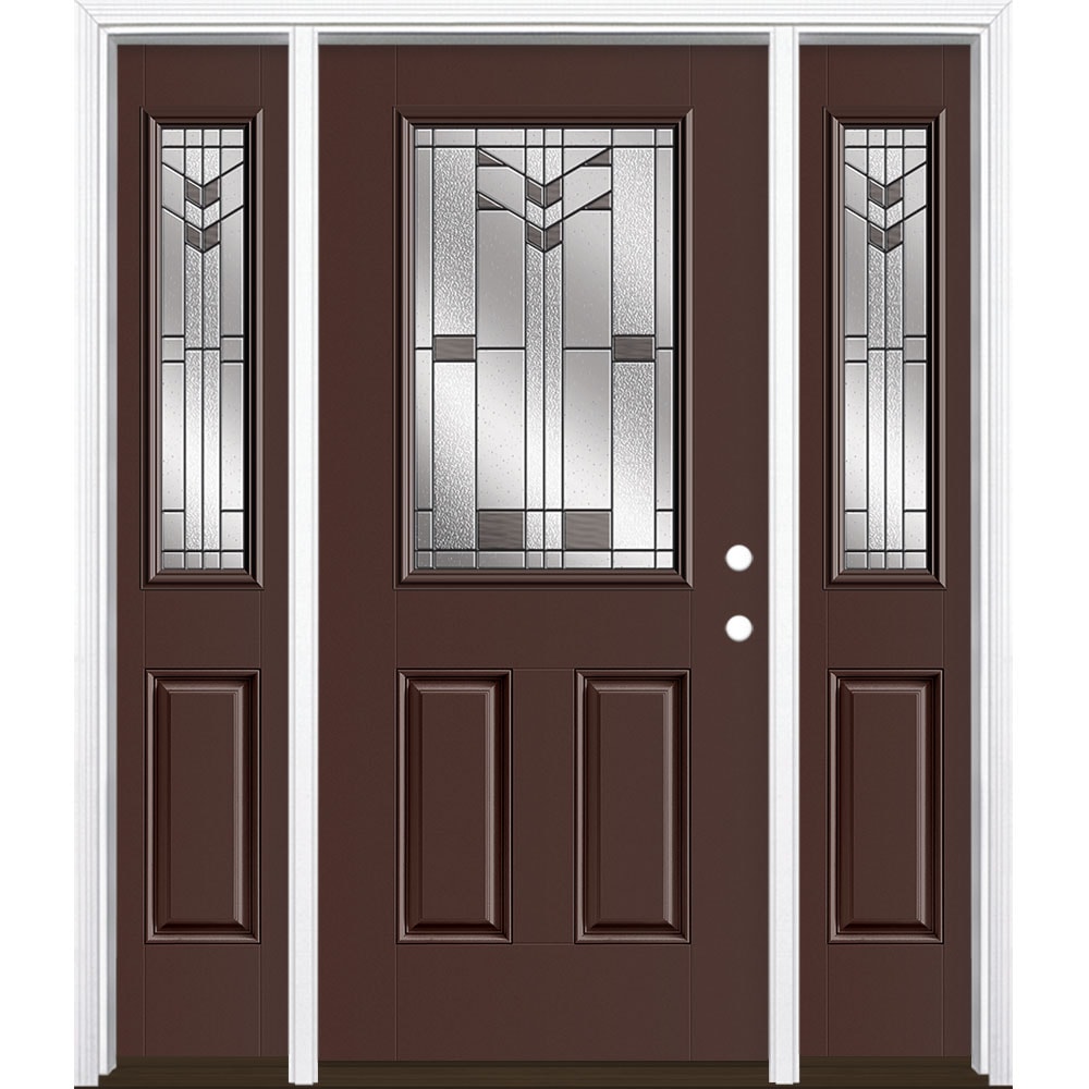 Masonite 3420459 Frontier 64-in x 80-in x 4-9/16-in Fiberglass Half lite Left-hand inswing Chocolate Painted Prehung Front Door with Sidelights with Brickmould Insulating core