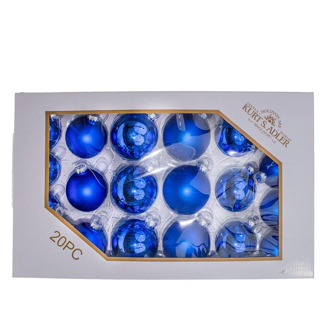 Kurt S. Adler 60MM - 80MM Glass Shiny and Matte Blue Mixed Ball Ornaments 20-Piece Box