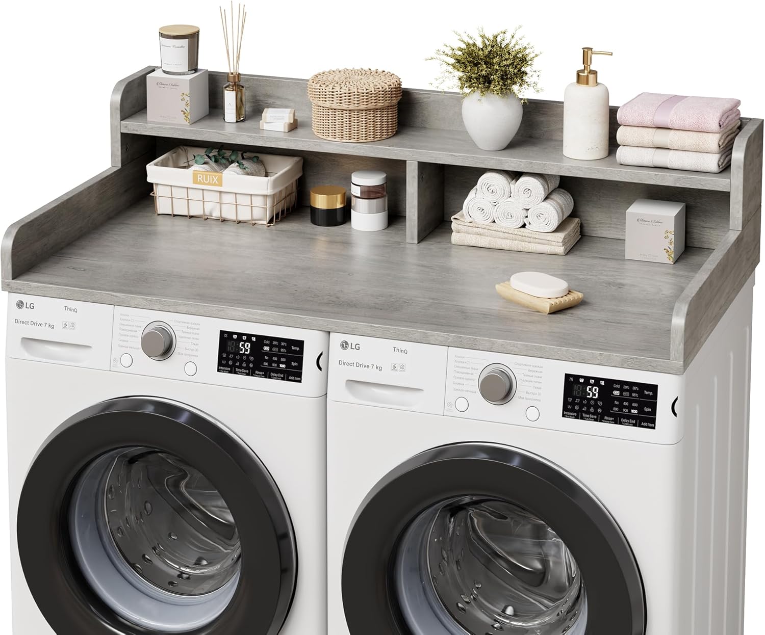 GAOMON 54 Inch Double Layer Laundry Countertop with Storage- MDF Construction- Multi Functional Shelf for Laundry Room Organization Gray