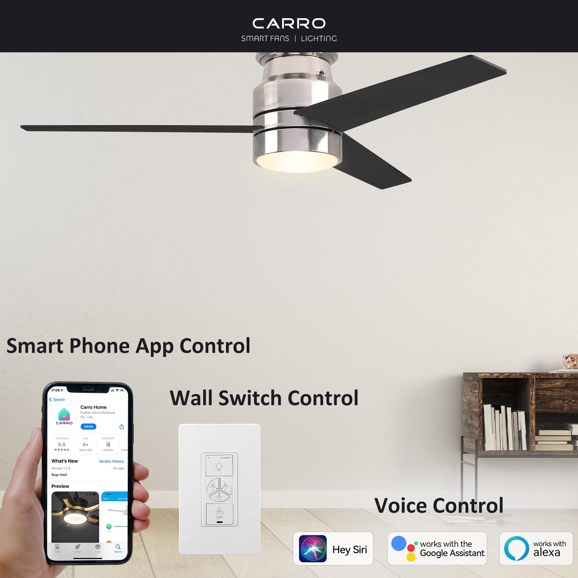 CARRO USA Ranger 52-in Silver with Black Blades Indoor Flush Mount Smart Ceiling Fan with Light (3-Blade) LWGS-523B-L11-S2-1 Sansujyuku sansujyuku.com