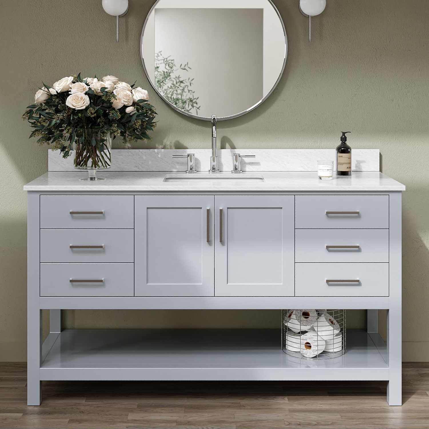 ARIEL - Magnolia 61-in Gray Undermount Single Sink Bathroom Vanity with 0.75" Carrara White Marbl...