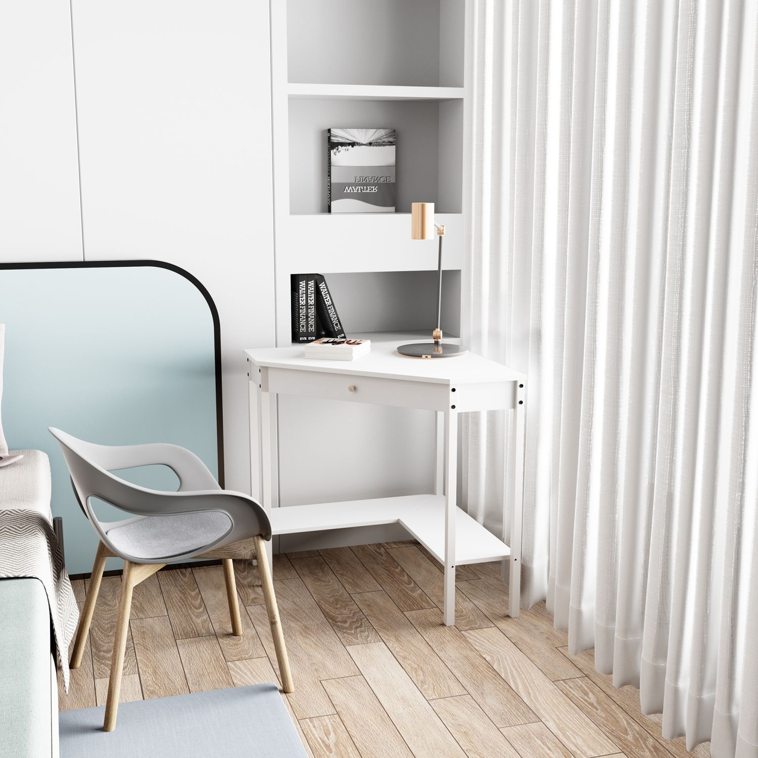 JASMODER W89459361 White Triangular Desk With Drawers For Small Place