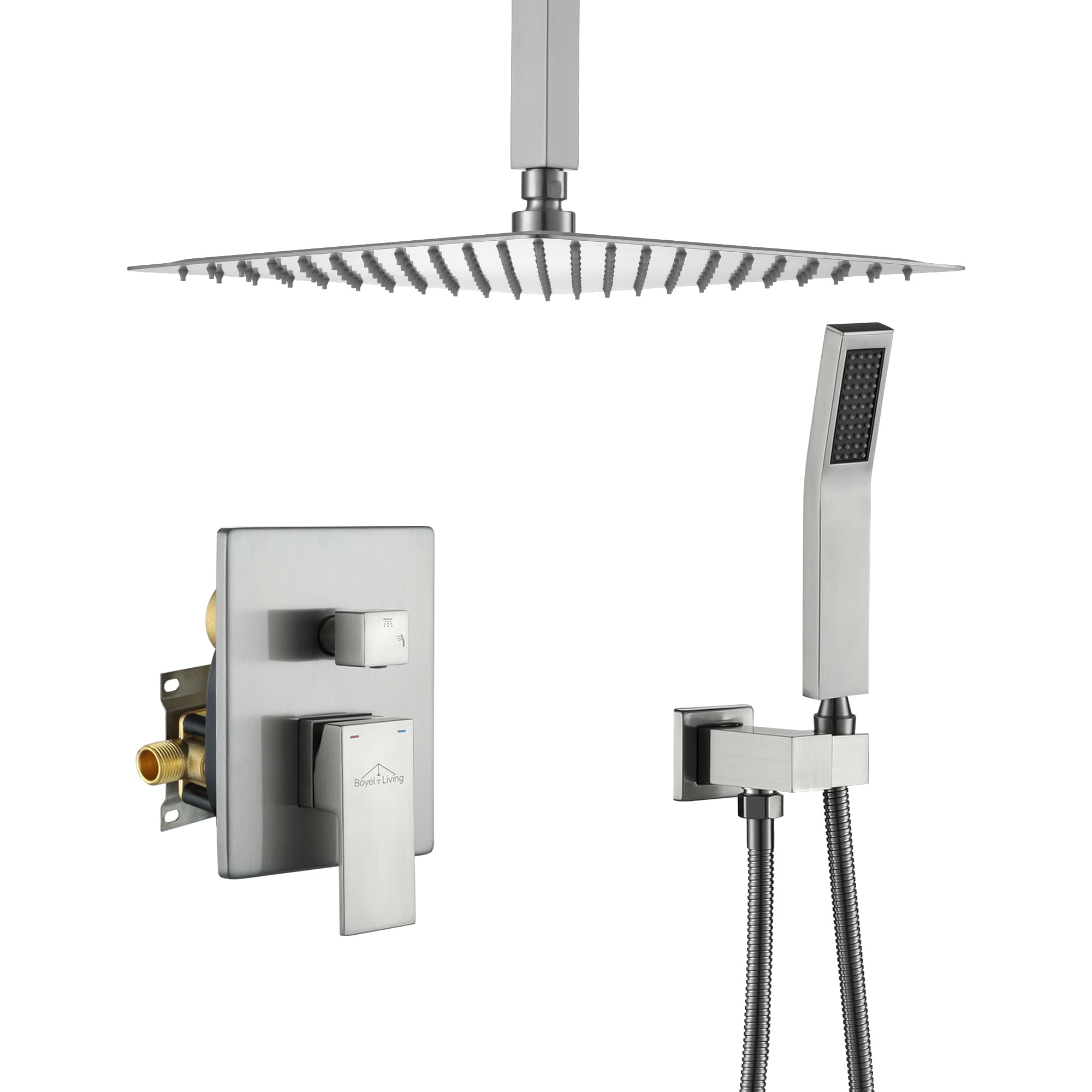Clihome CHMS-12BN-A3806 Brushed Nickel 12-in Dual Head Built-In Shower Faucet System with 2-way Diverter ( Pressure-balanced Valve Included )