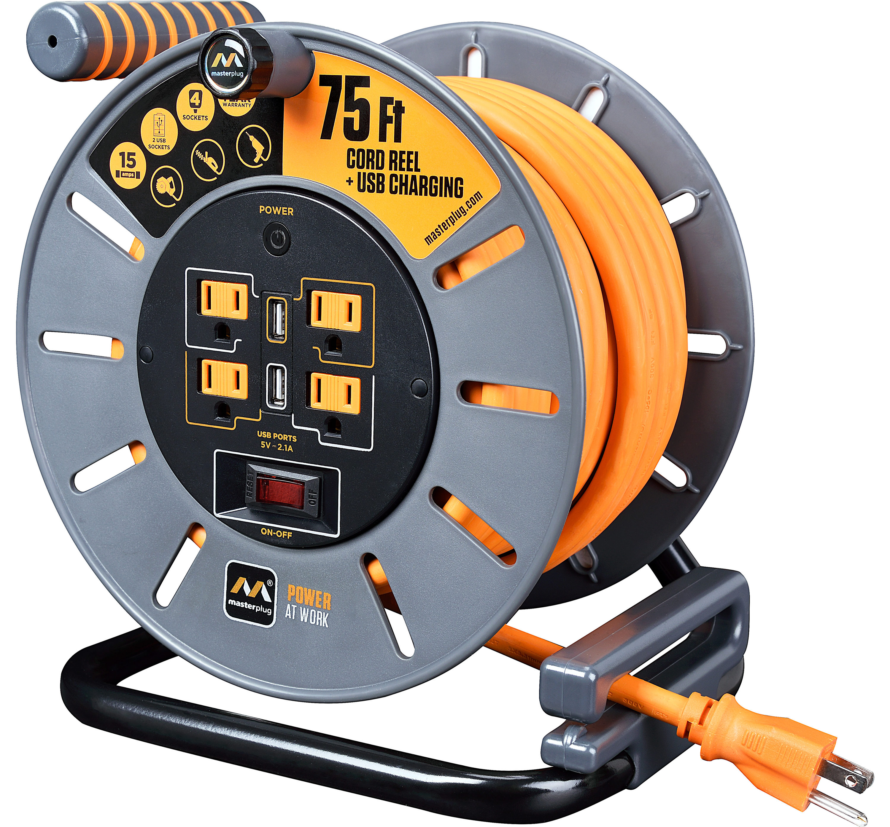 Masterplug 75Ft 4 Sockets 15A 12Awg Large Open Reel with Usb Charging ...