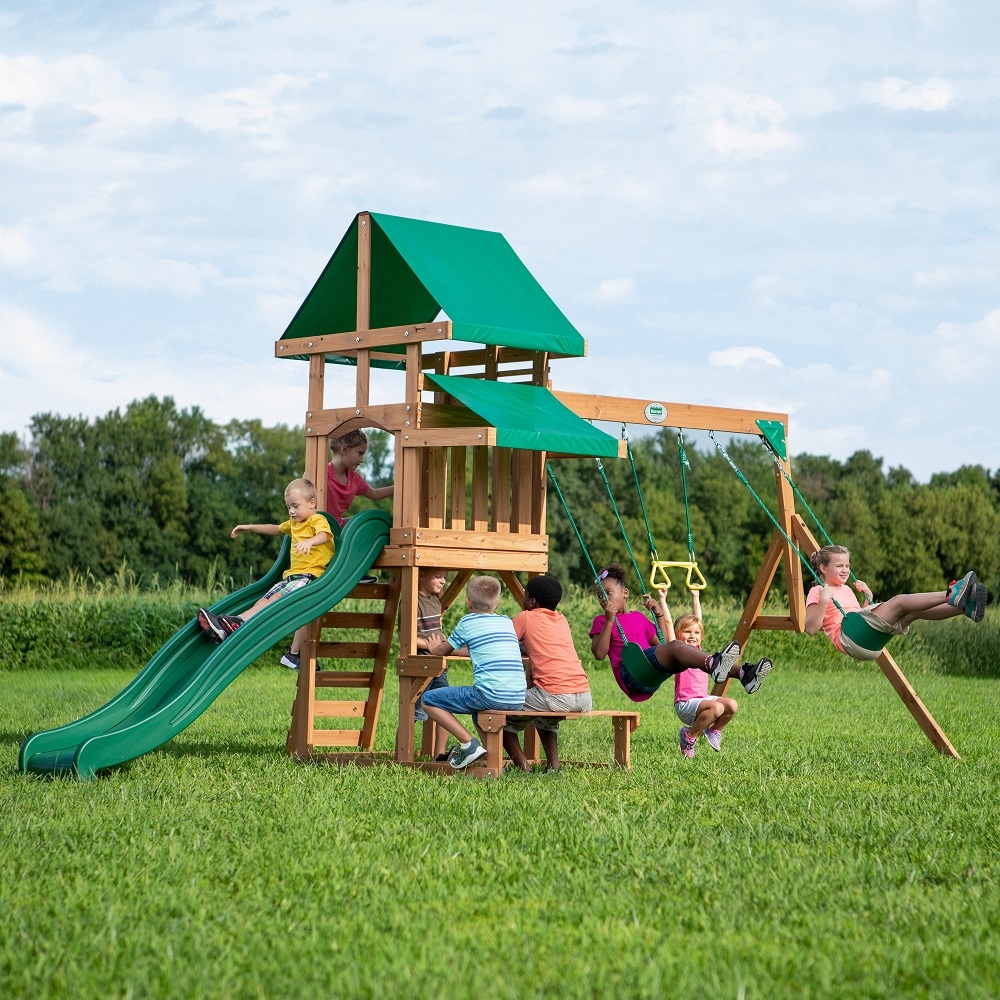 Backyard Discovery 2001039COM Belmont Residential Wood Playset with 2 Swings and Slide Included