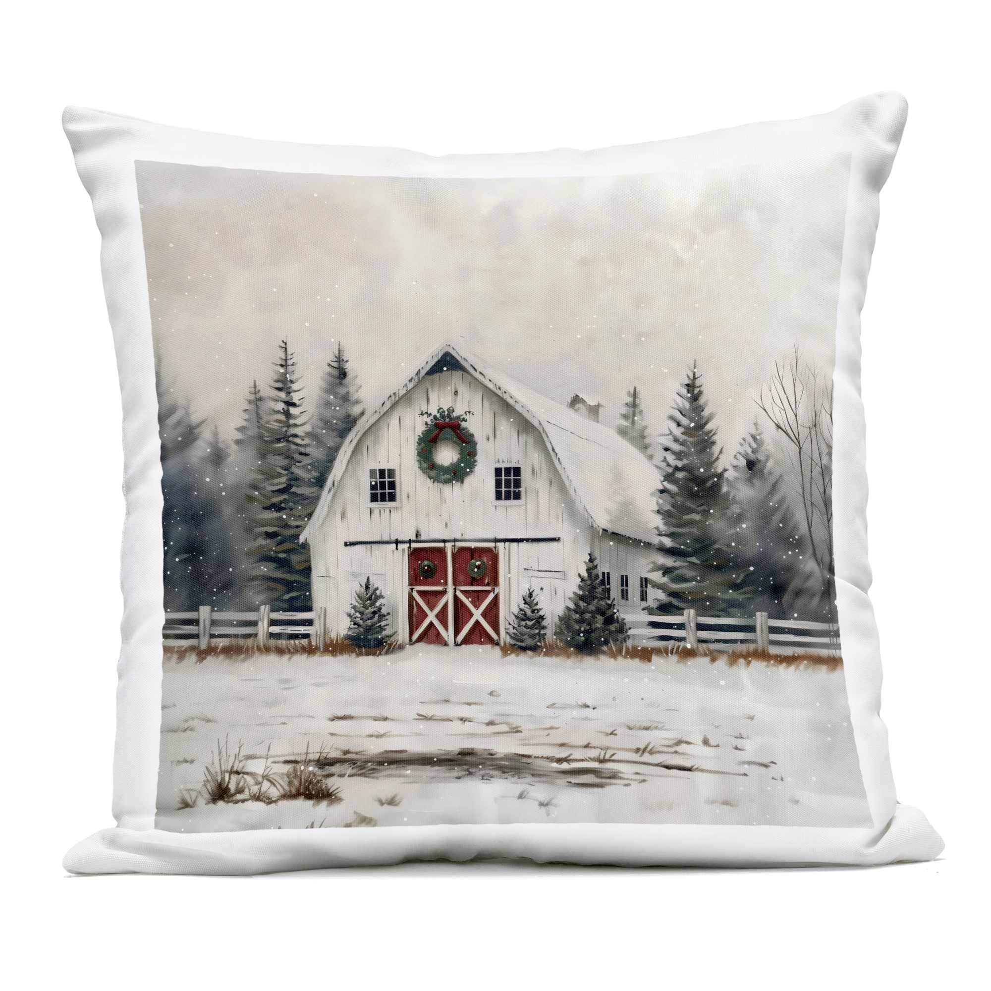 Stupell Industries  White Christmas Barn with Wreath Outdoor Printed Pillow design by Creative Studio 18 x 18