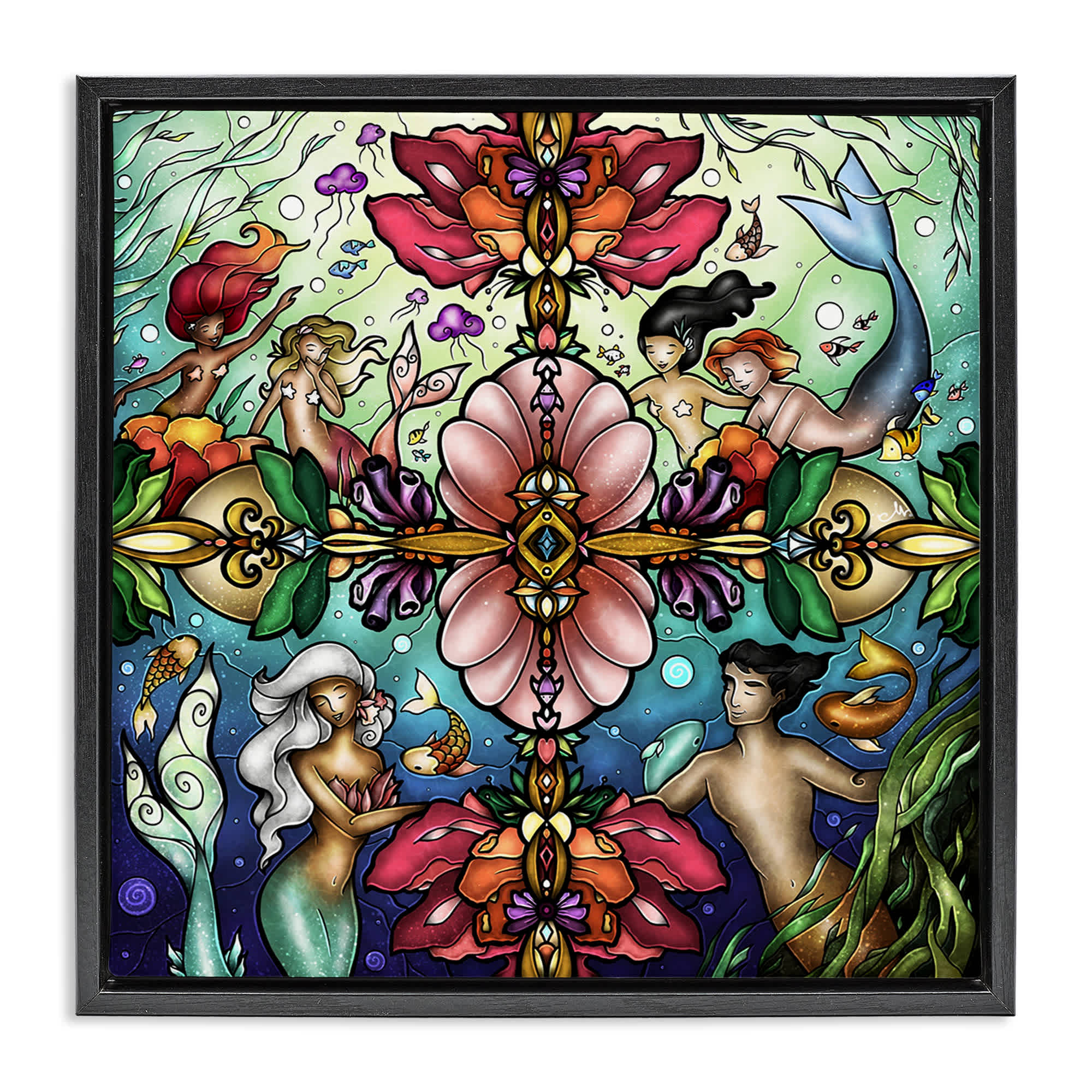 Stupell Industries BS-984-FFB-24X24 Detailed Stain Glass Style Mermaids Black Framed Floater Canvas Wall Art By Mandie Manzano 25 x 25