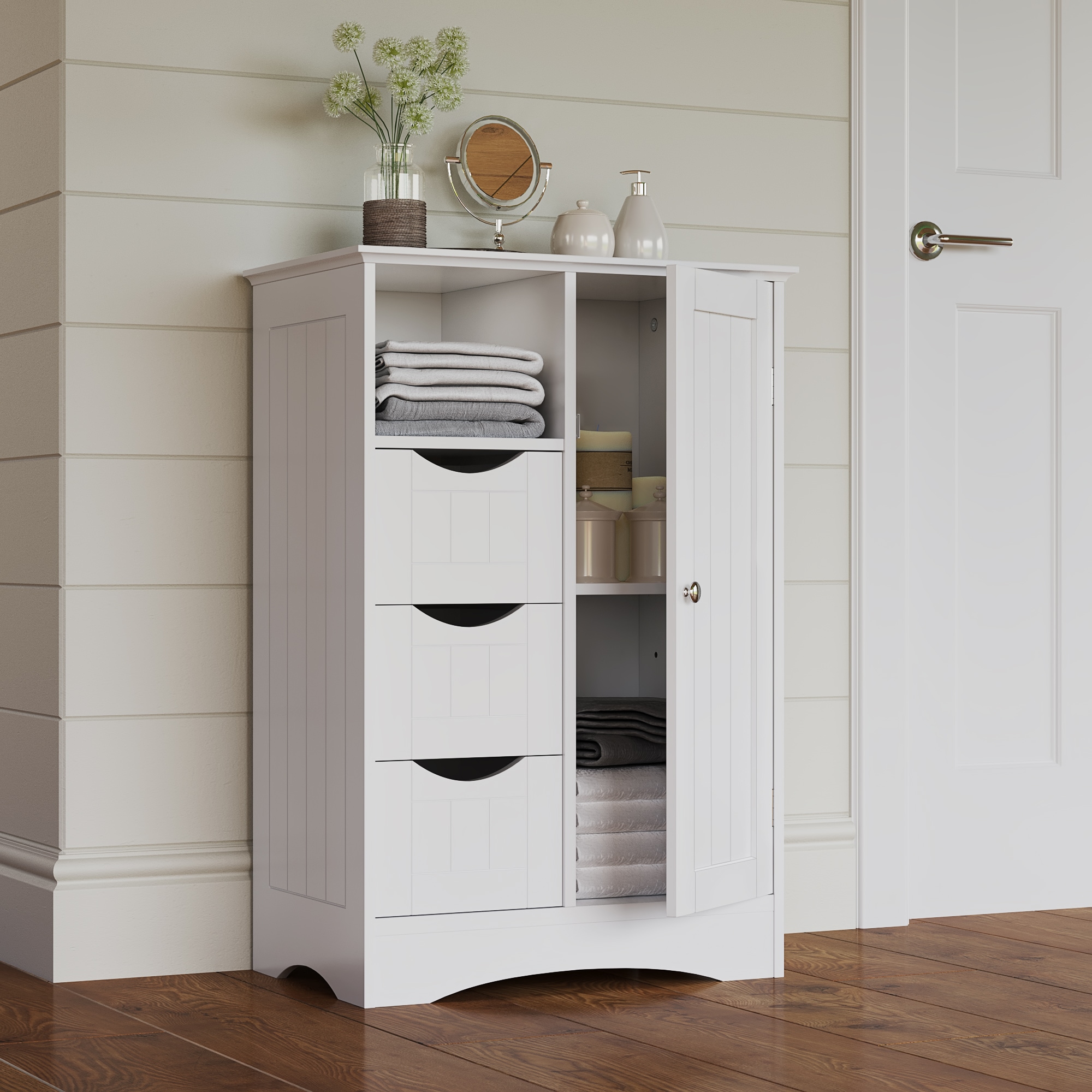 Tangkula Narrow Bathroom Storage Cabinet Freestanding Side Storage  Organizer with Adjustable Shelves Drawer and Pine Wood Legs Black
