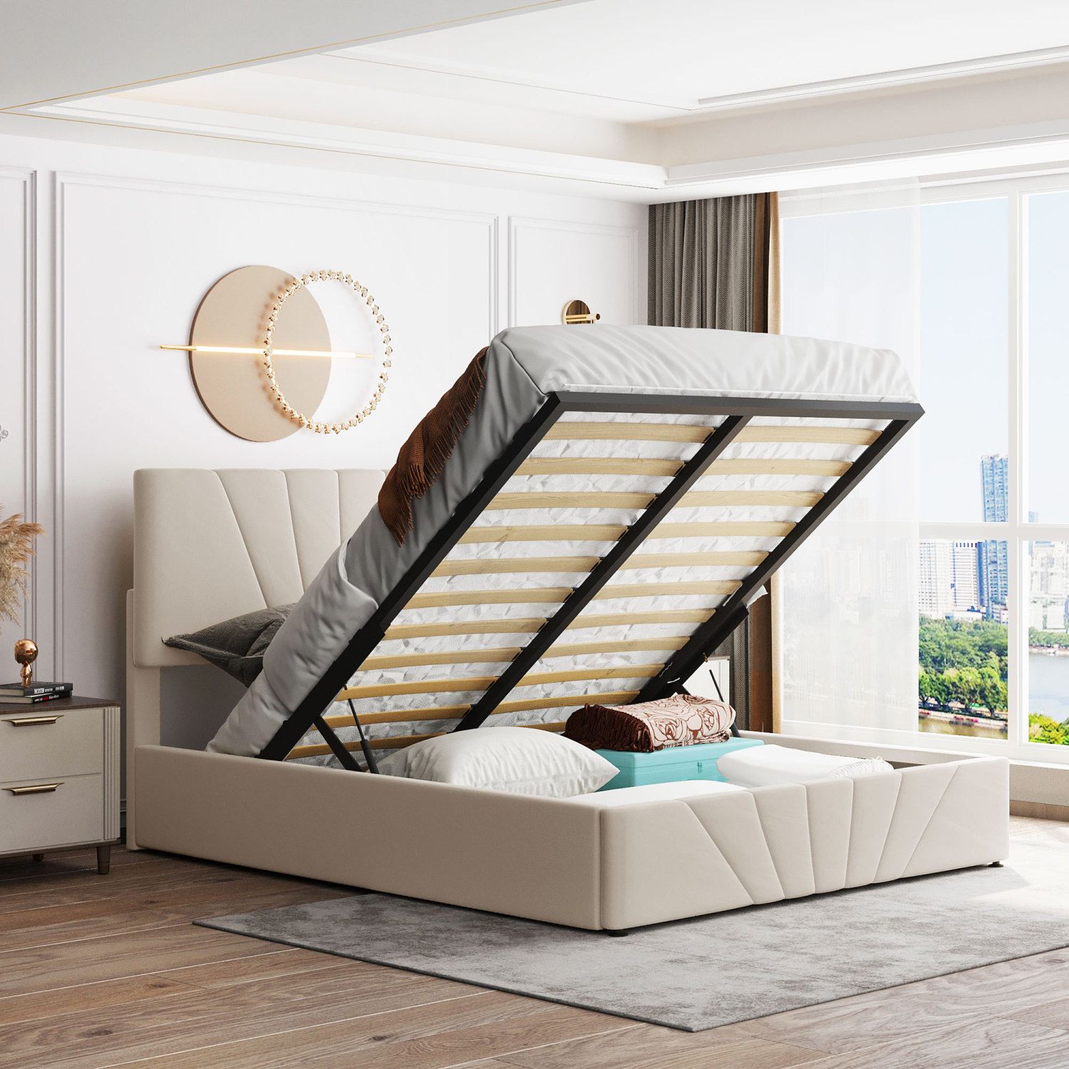 JASMODER LP000411AAA Beige Queen Composite Platform Bed with Storage