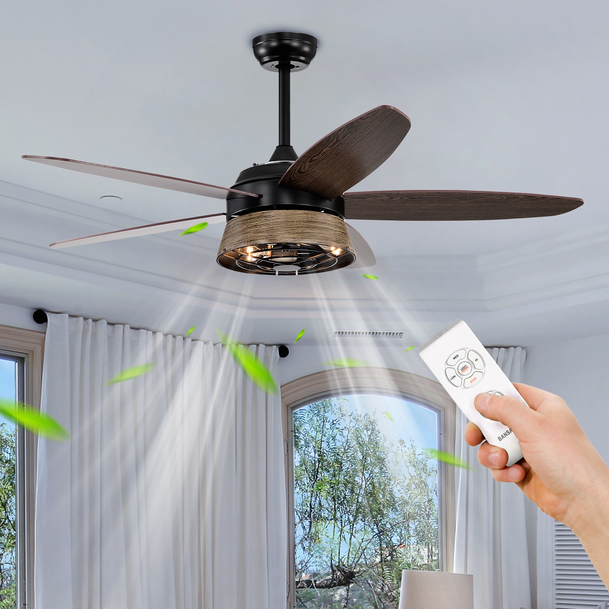 ExBrite DICF0088 52-Inches Matte Black with Solid Wood Blades Indoor Downrod mount Standard Ceiling Fan With Light and Remote ( 5 -Blade)