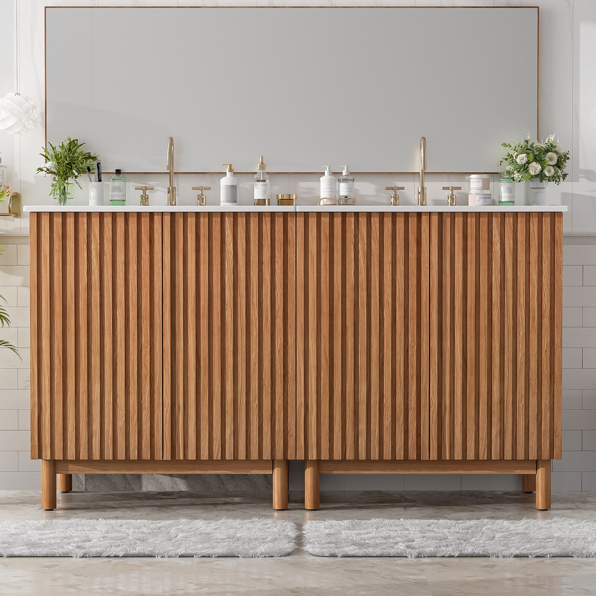 ModernLuxe Assembly Required 59.8inch Bathroom Vanity Combo with Ceramic Sink Traditional American Style Wooden Legs MDF Structure SoftClose Doors with Adjustable UShaped Shelf Plastic Feet Pads