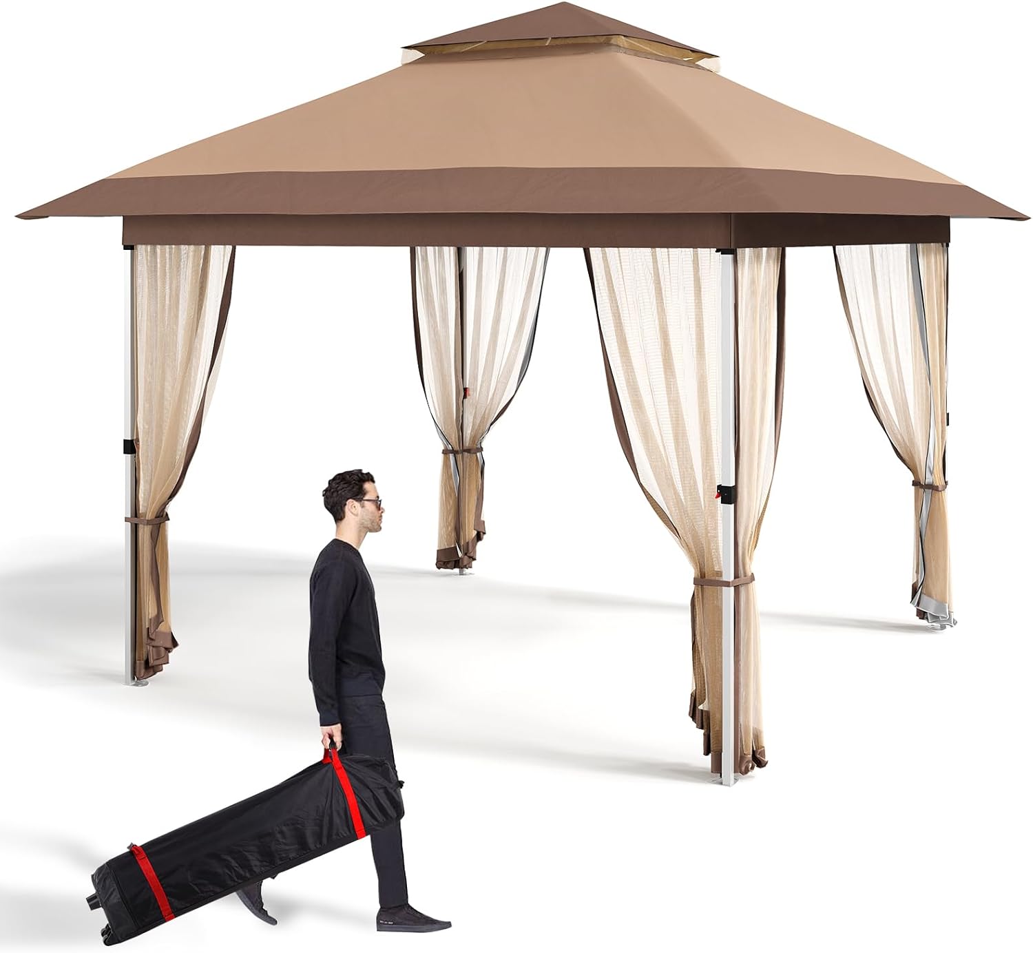 Garvee 11 ft x11 ft Gazebo Outdoor Pop up Canopy Tent with Curtains and 121 Square Shelter for Patio Backyard Party with Mosquito Netting 2-Tiered Vented Top Khaki