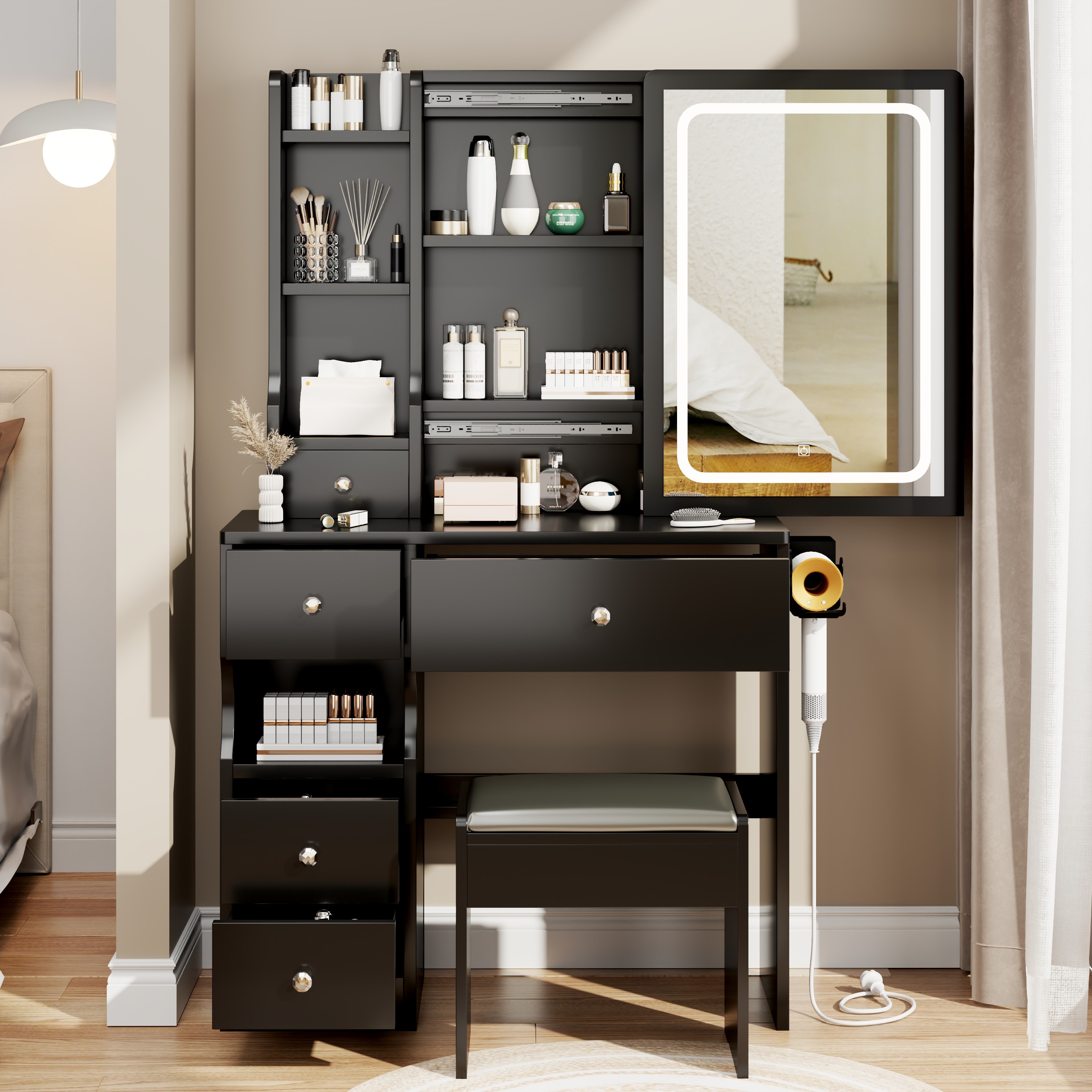ToolCat PLP1-3-BHH 29.2-in Black Makeup Vanity
