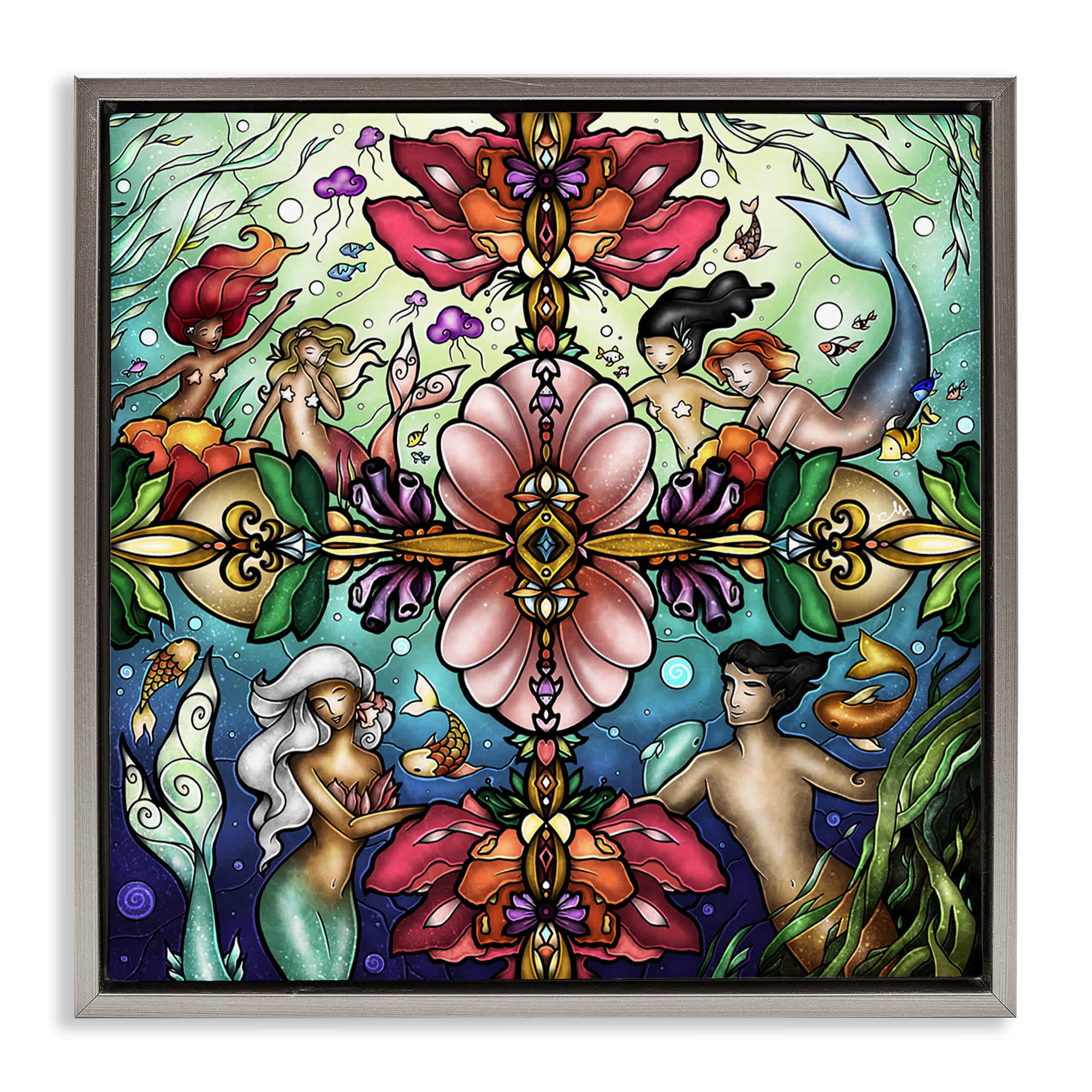 Stupell Industries BS-984-FFL-17X17 Detailed Stain Glass Style Mermaids Gray Framed Floater Canvas Wall Art By Mandie Manzano 18 x 18