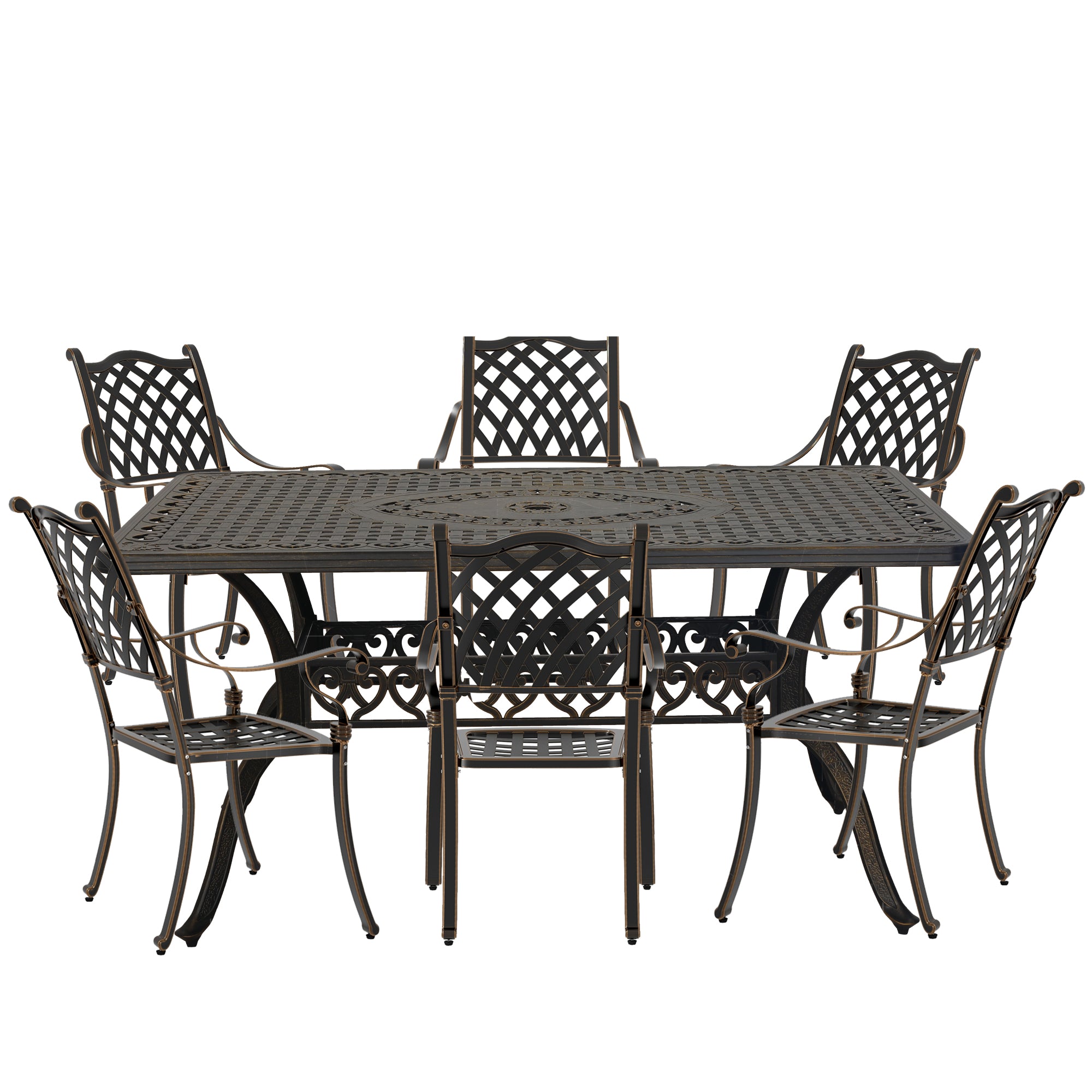 Boyel Living BL-XG150DFX-BR 7pcs Patio Dining Set Cast Aluminium Outdoor Dining Set Patio Bistro Set 6 Outdoor Dining Chairs and 59 Inches Rectangular Dining Table for Balcony Porch Backyard Garden