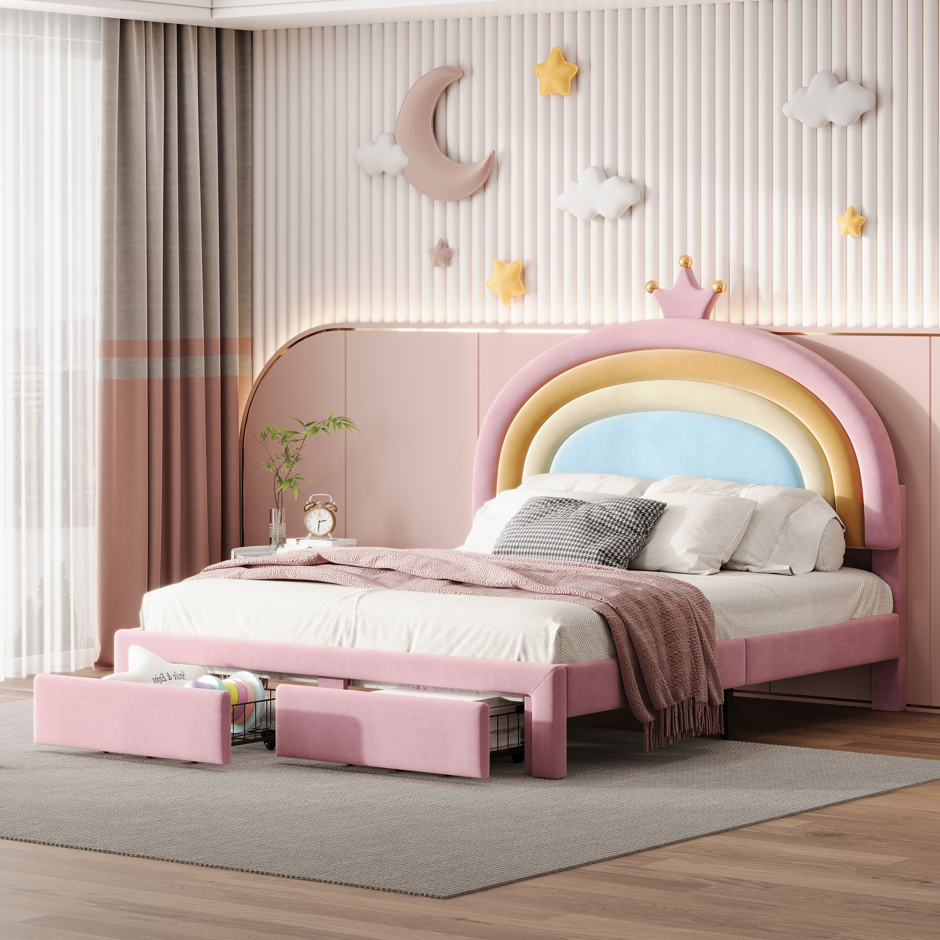 LOVMOR SF-R-N733P234609H Full Size Upholstered Rainbow Design Bed Velvet Princess Platform Bed with Storage Drawer No Box-spring Needed Colorful and Pink