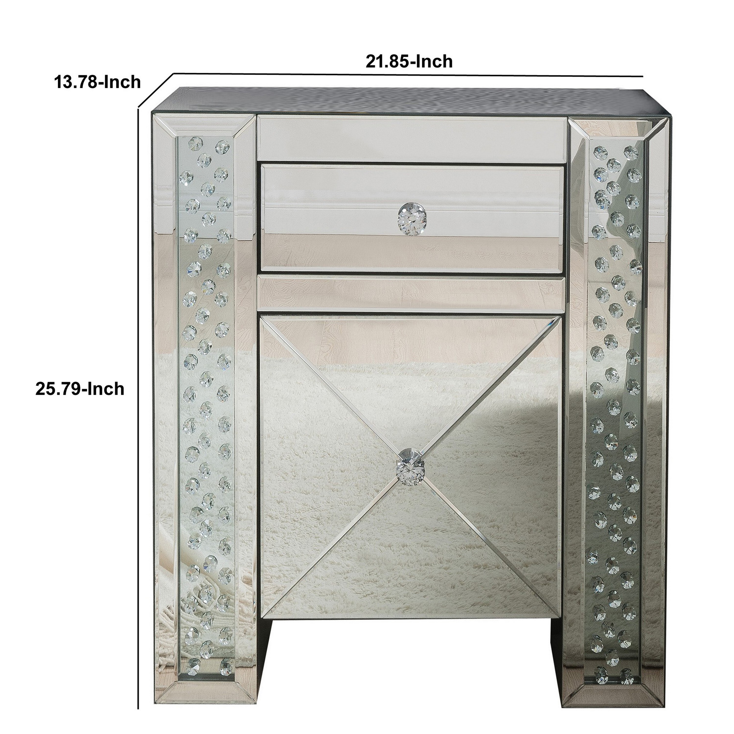 Sleek Silver Wood & Mirrored Nightstand with Crystal Knobs