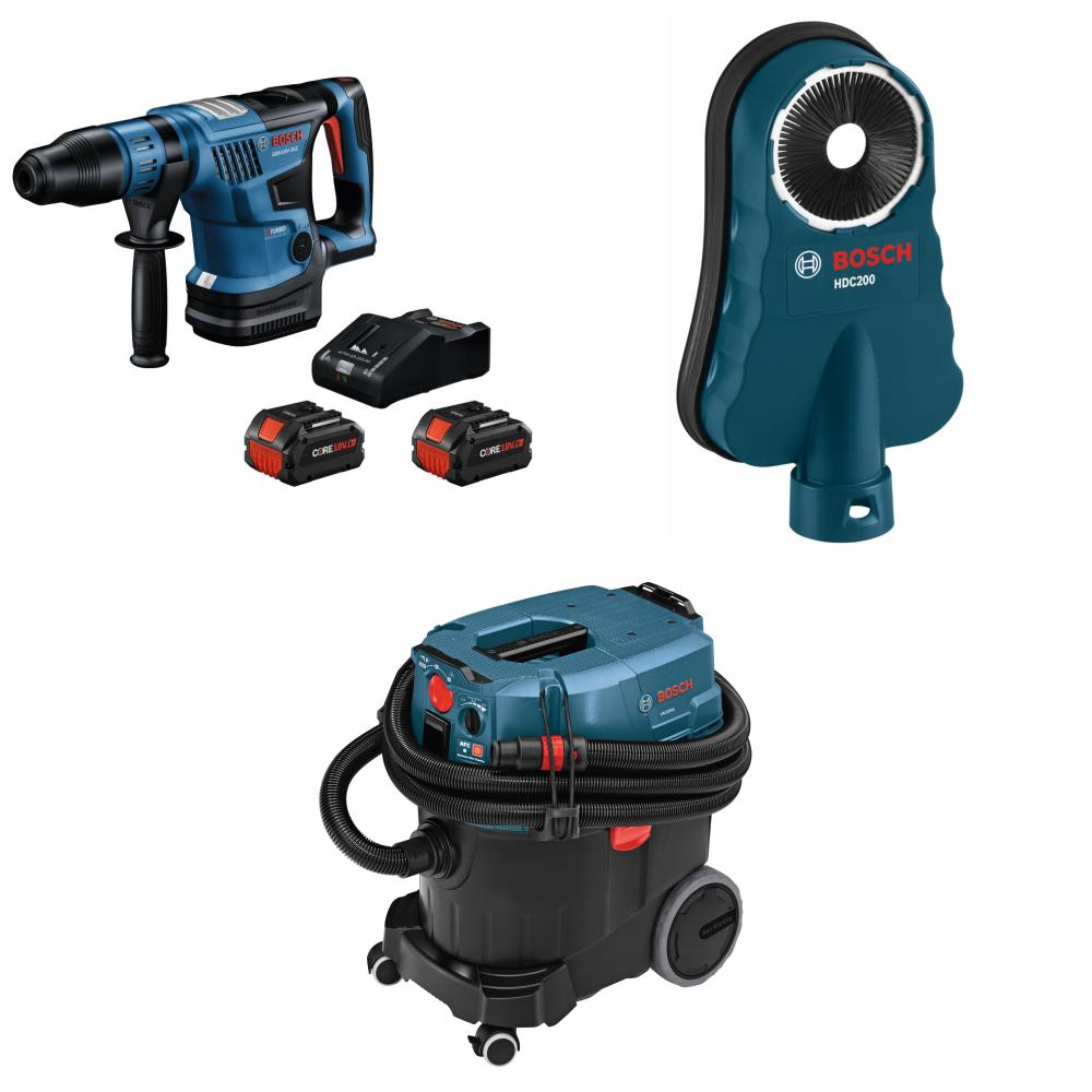 Bosch  PROFACTOR™ 18V Connected-Ready SDS-max® 1-9/16 In. Rotary Hammer Kit with (2) CORE18V® 8 Ah High Power Batteries, 9-Gallon Dust Extractor with Auto Filter Clean and HEPA Filter and Universal Dust Collection Attachment