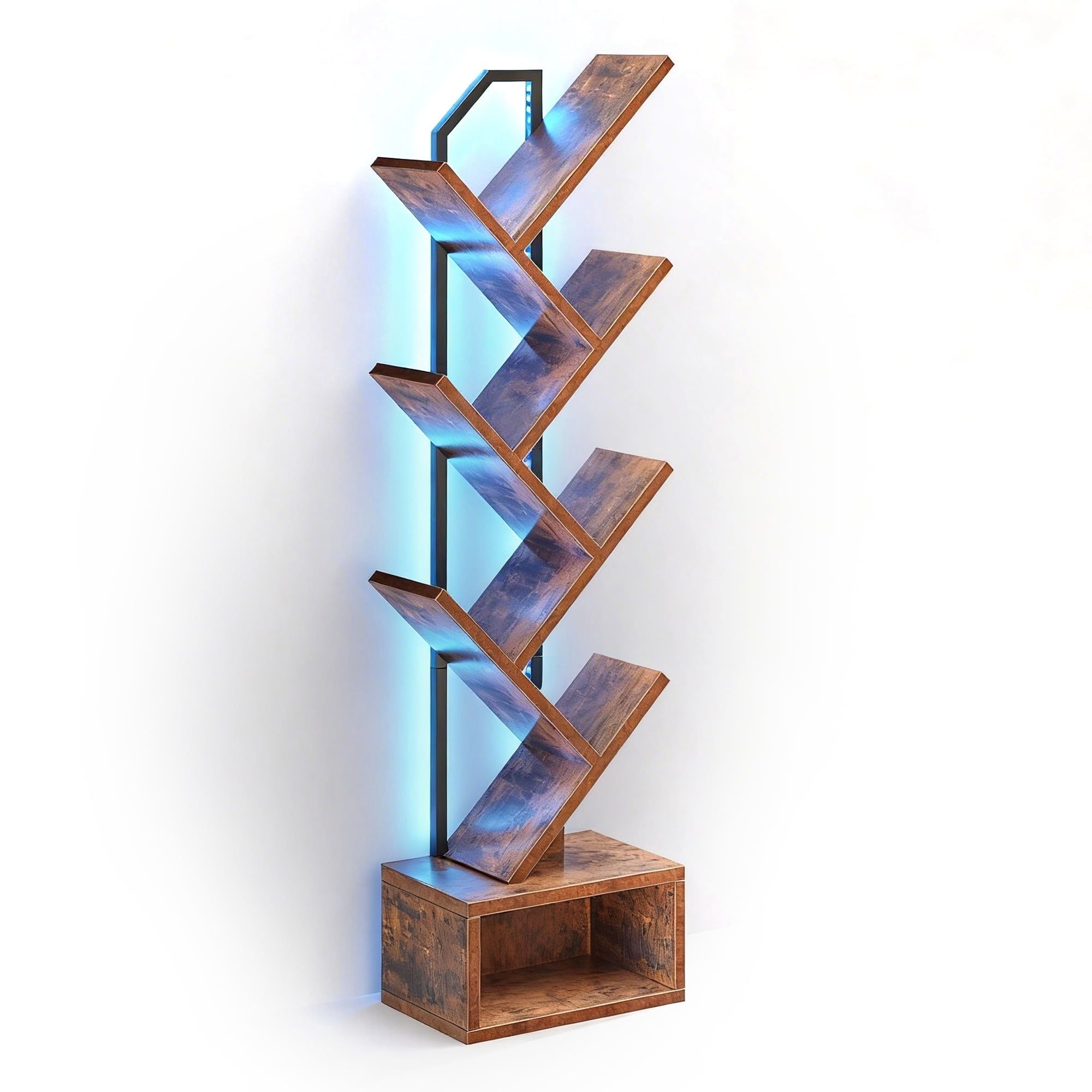 JUSHUA - 6 Tier Tree Bookshelf with LED Light Modern Corner Bookcase Display Shelf for Living Roo...