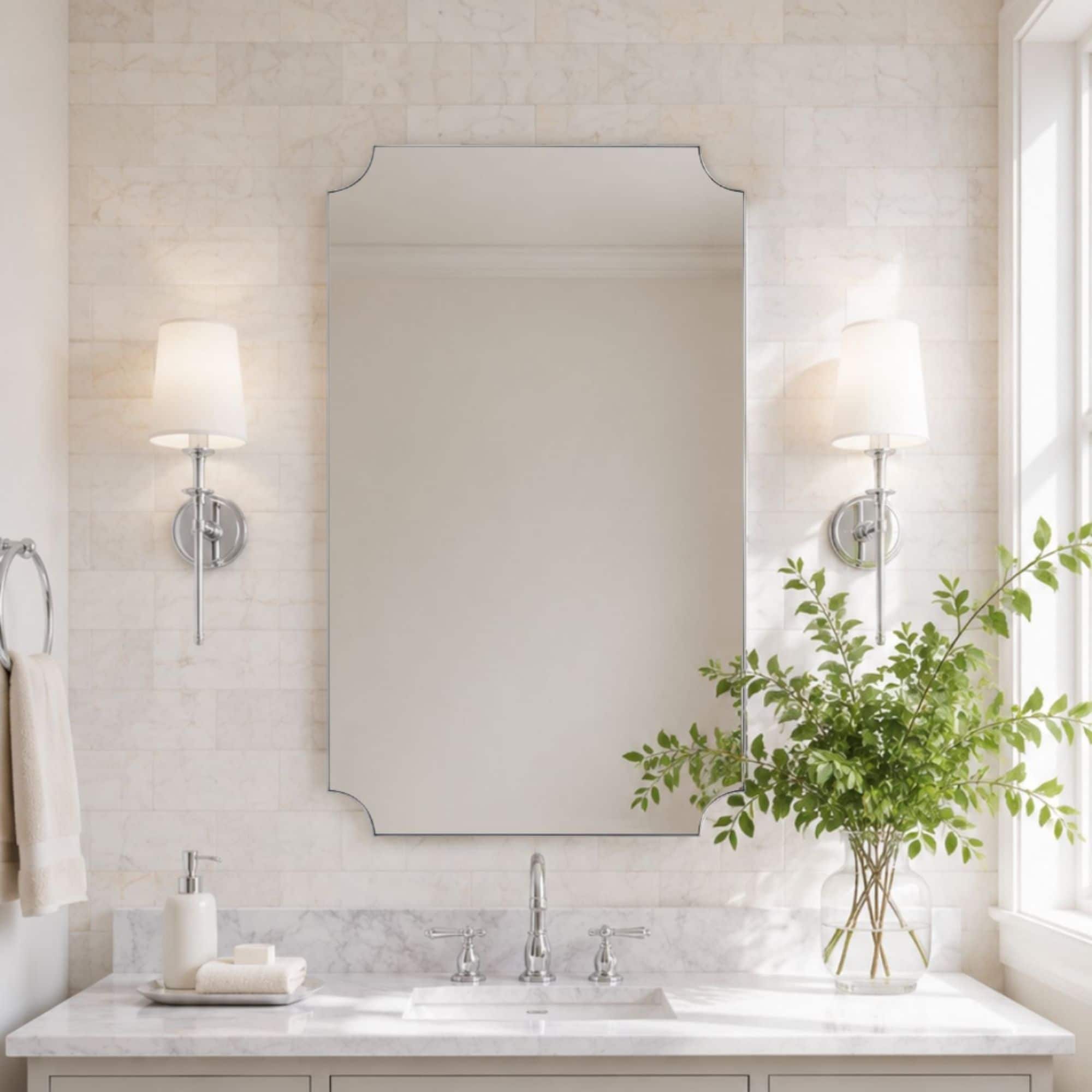 TEHOME  24 in W x 40 in H Scalloped Octagonal Metal Framed Wall Mounted Bathroom Vanity Mirror in Chrome