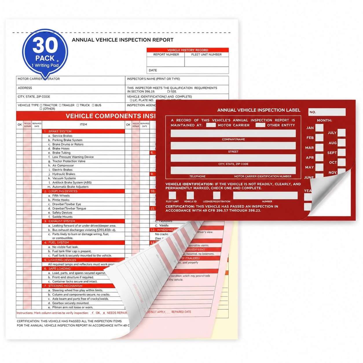 Etokfoks 30 Piece Annual Vehicle Inspection Record Kit 3 Part Carbonless Forms and High Visibility Red Labels for Trucks #LETEUFCX9