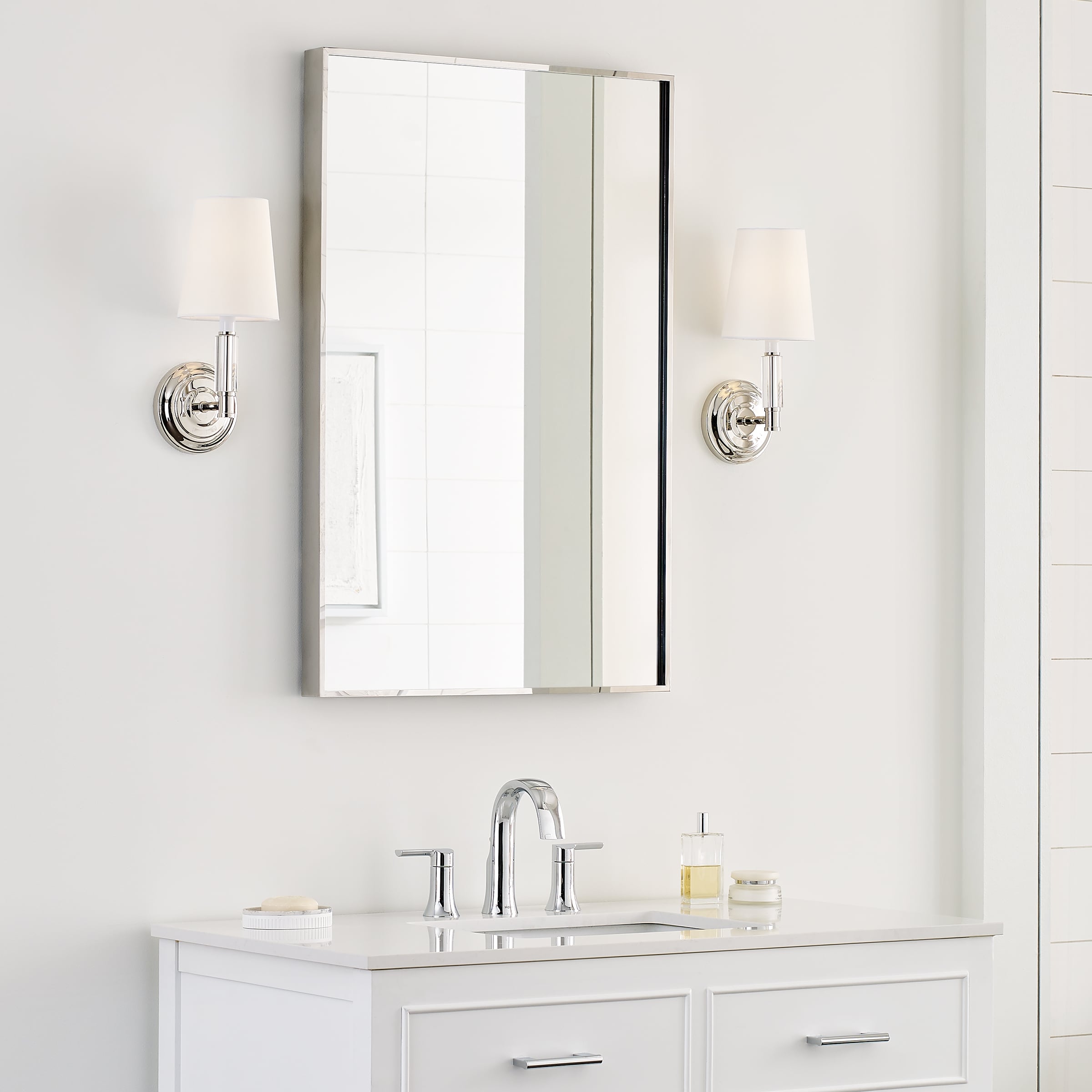 Polished Nickel Round White Fabric Shade Wall Sconce