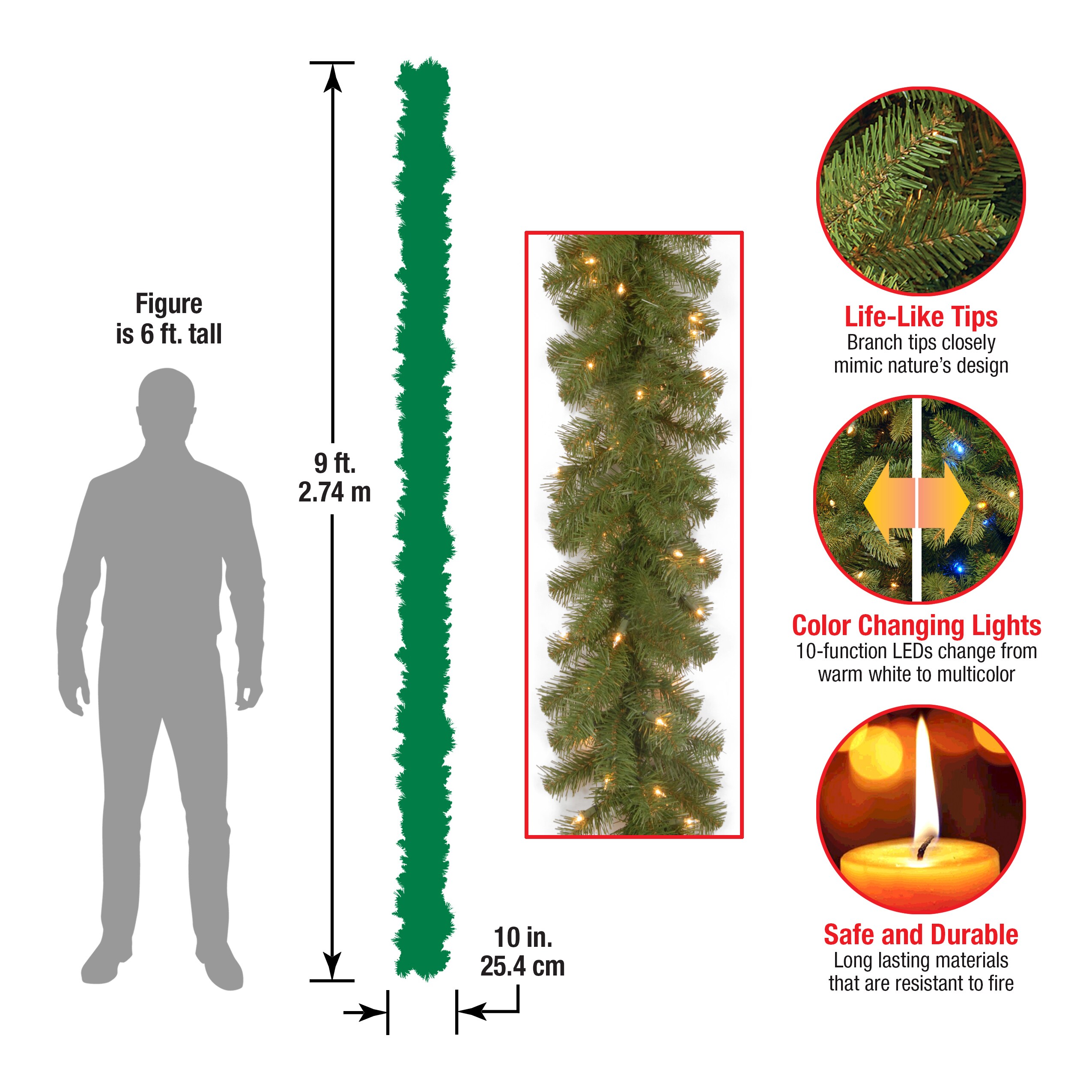 9ft Green Spruce Garland with Dual Color LED Lights