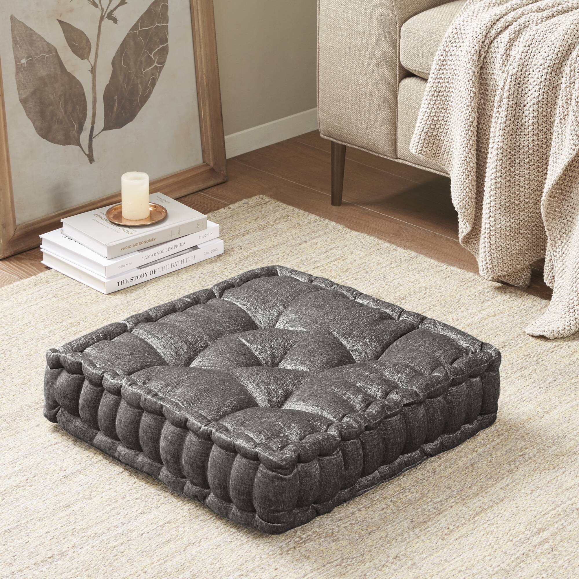 Roomfitters  20x20 Inch Chenille Square Floor Pillow Cushion Tufted Thick Floor Seating for Living Room Bedroom Charcoal