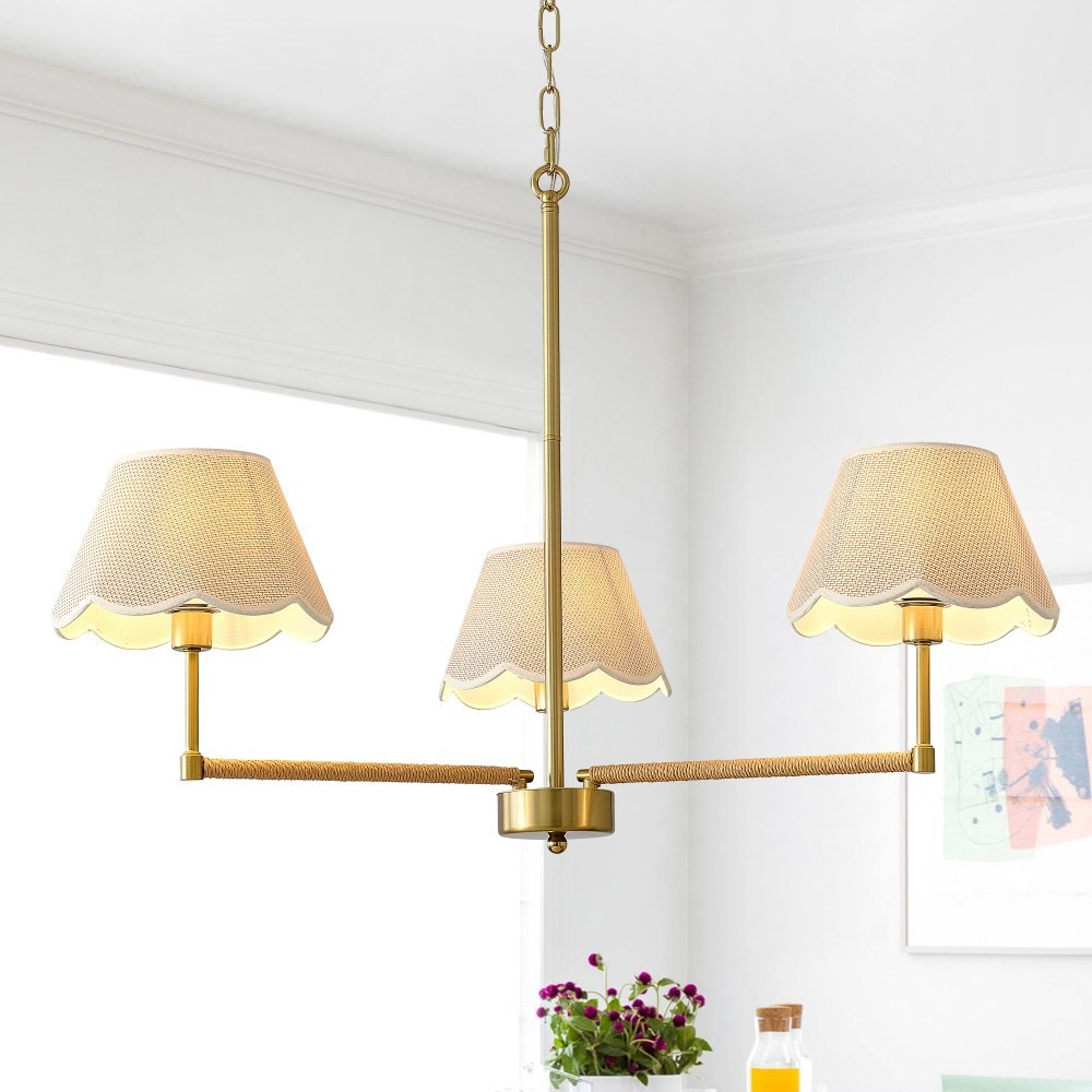 Basdien 36 in Gold 3 Light Rope Fabric Shade Chandelier Bulbs Not Included Adjustable Pendant for Living Room Dining Room Hotel Project Romantic Contemporary Decor Easy Install Farmhouse Style Rustic Vintage Ceiling Light Home Decor