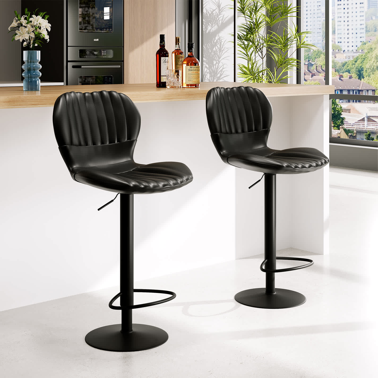 WhizMax GGL-PHO-15PDPUEF Bar Stools Set of 4 Modern Swivel Bar Chairs Adjustable Counter Height Bar Stools with High Backrest Easy Assembly for Kitchen Island Dining Room Home Bar Black