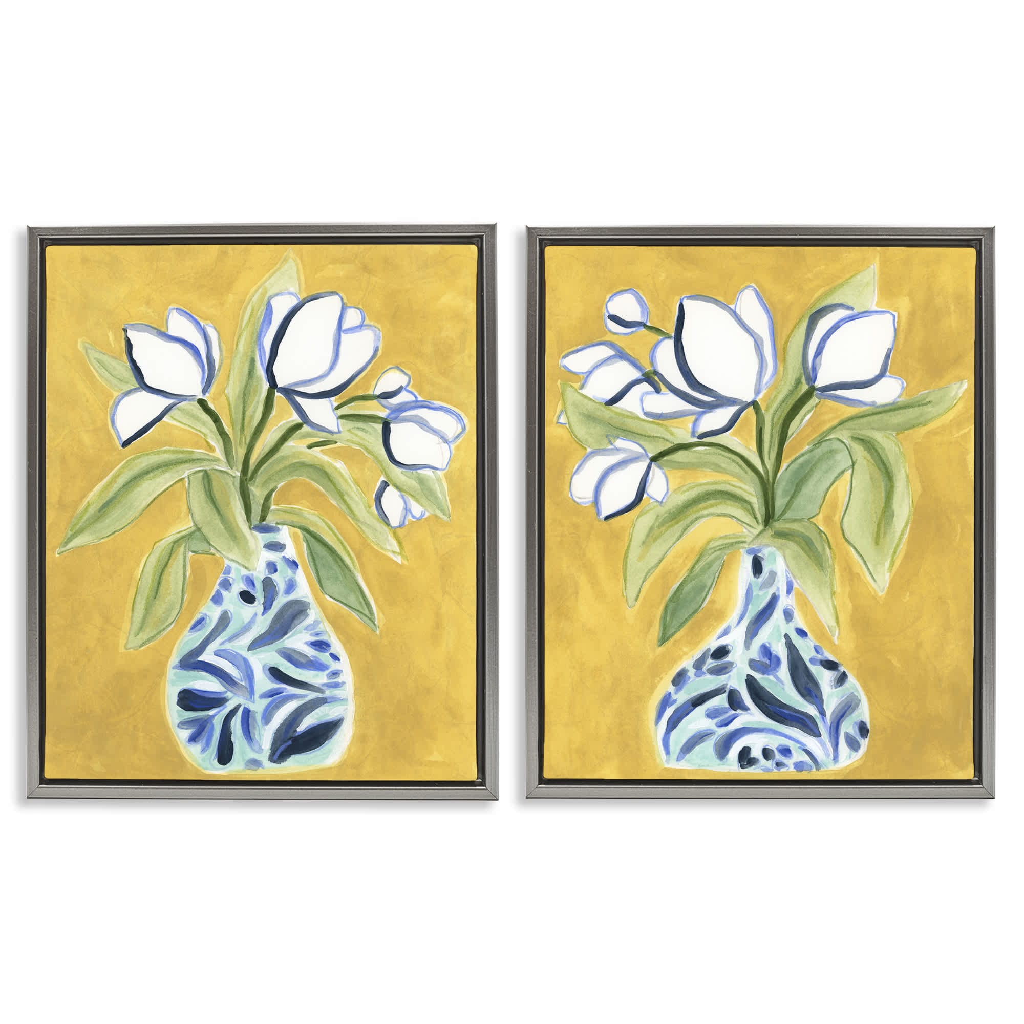 Stupell Industries B2-769-FFL-2PC-16X20 Tulip Vases on Yellow 2 Piece Gray Framed Floater Canvas Set By June Erica Vess 17 x 21