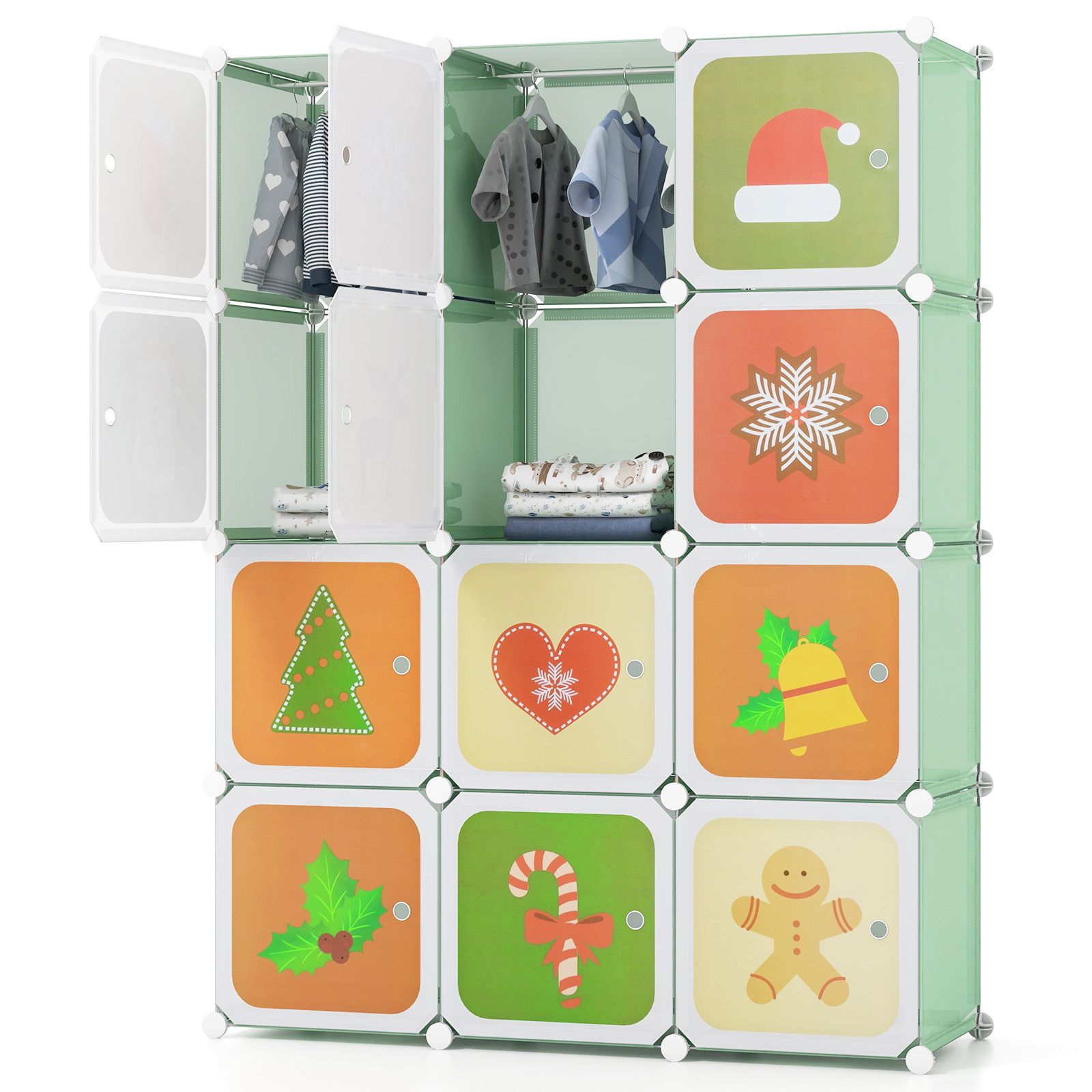 Slickblue 12-Cube Kids Storage Organizer Armoire with Adjustable Hanging Rod and Cartoon Doors for Bedroom Playroom or Nursery - Available in Different Colors