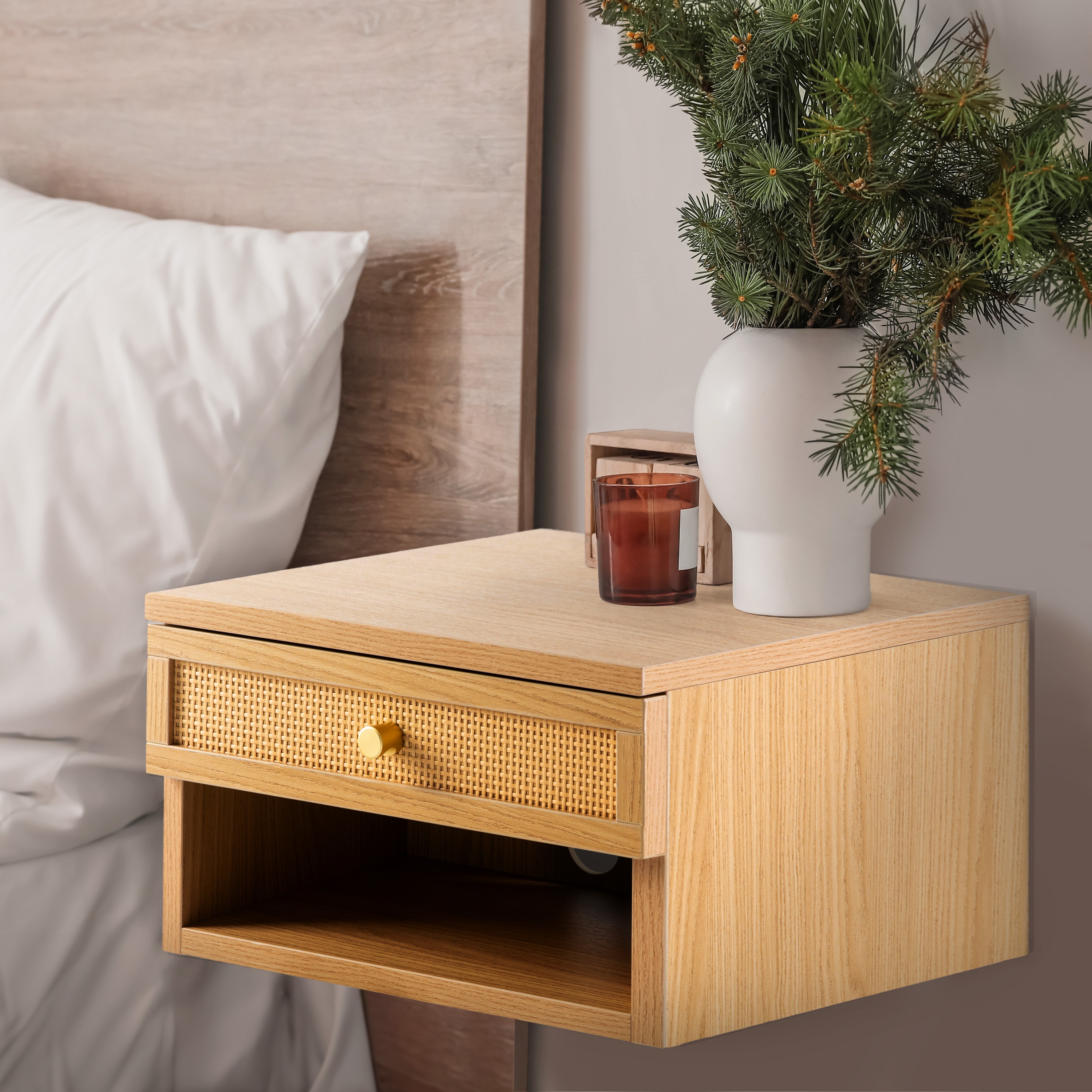 JONATHAN  Y NST2000B Celerie Soft-Close Rattan Drawer and Cable Hole Light Oak Rubberwood Nightstand