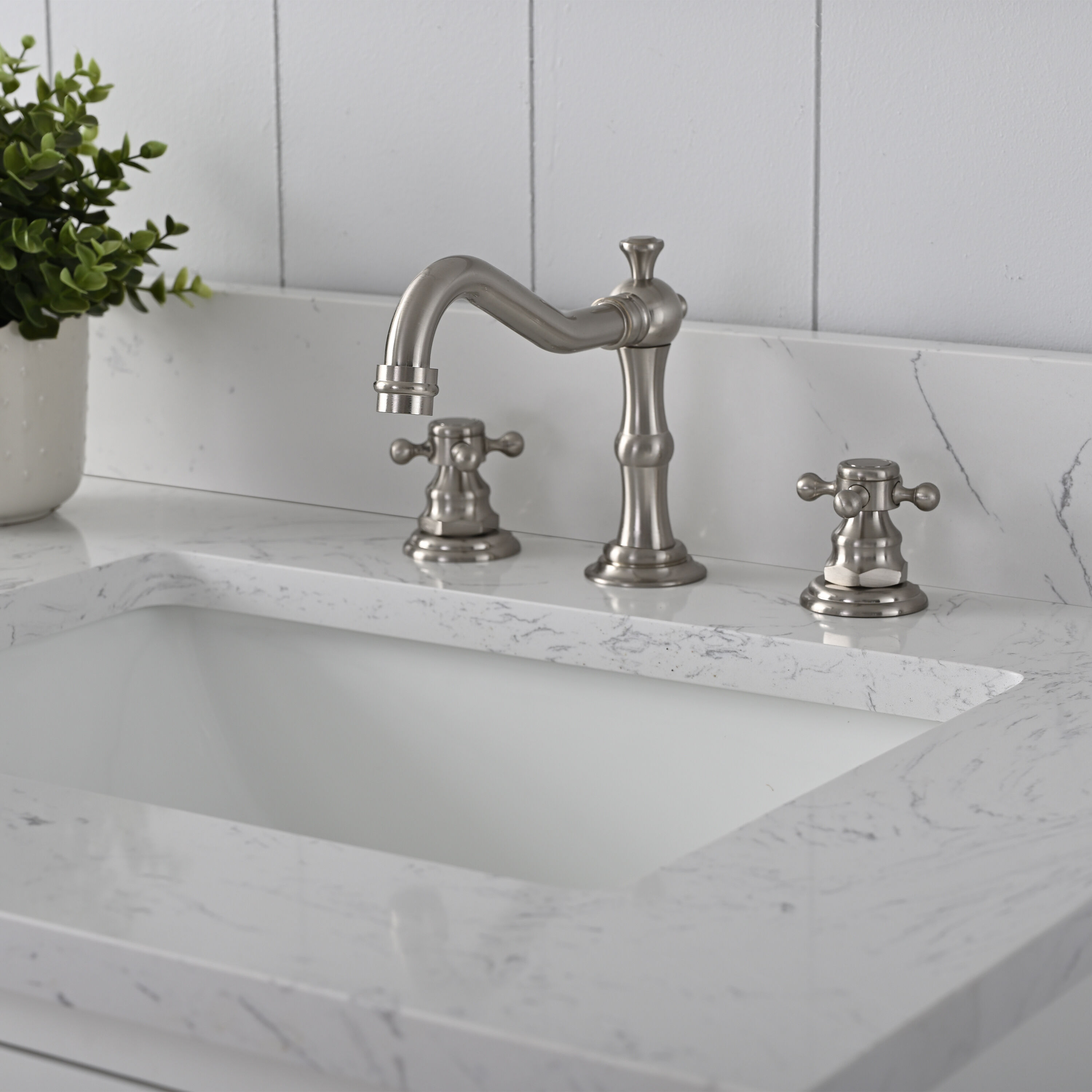 White Double Sink Bathroom Vanity with Quartz Top and Backsplash