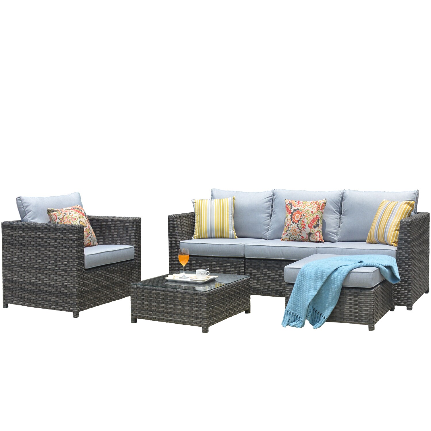 Ovios BLA403 New King 6 -Piece Rattan Patio Sofa Conversation Set with Gray Cushions